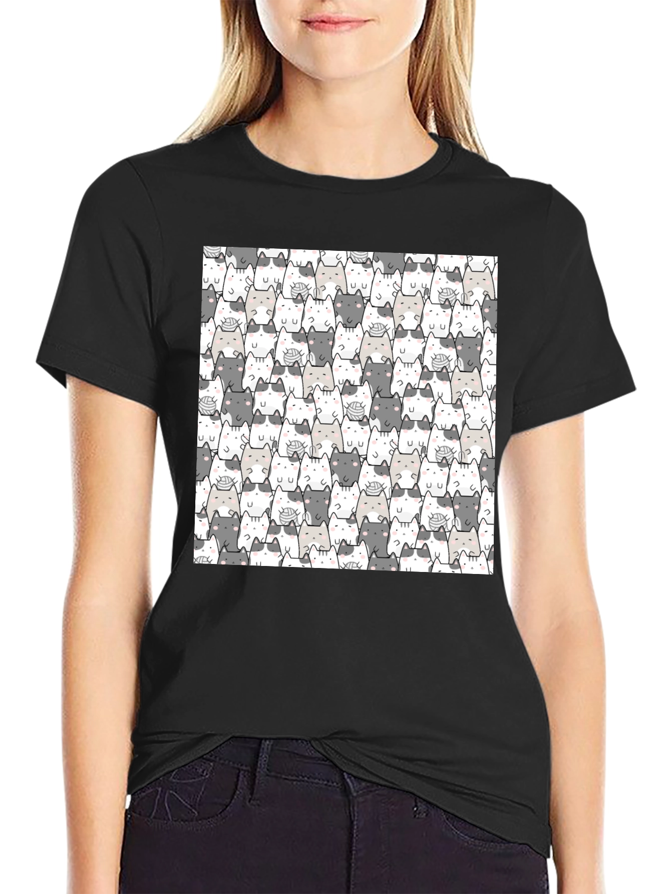 Cat Pattern Black T-Shirt