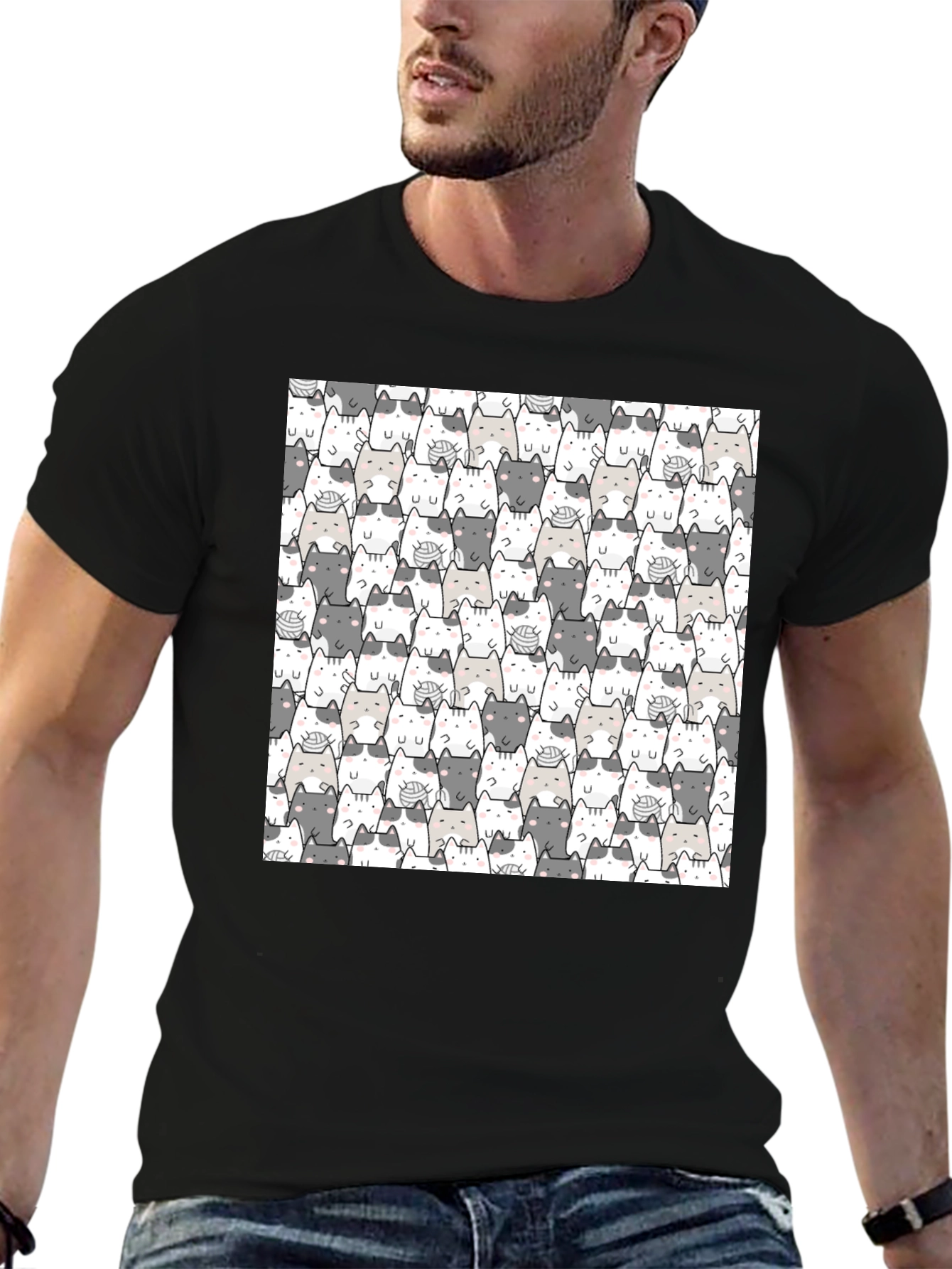 Cat Pattern Black T-Shirt