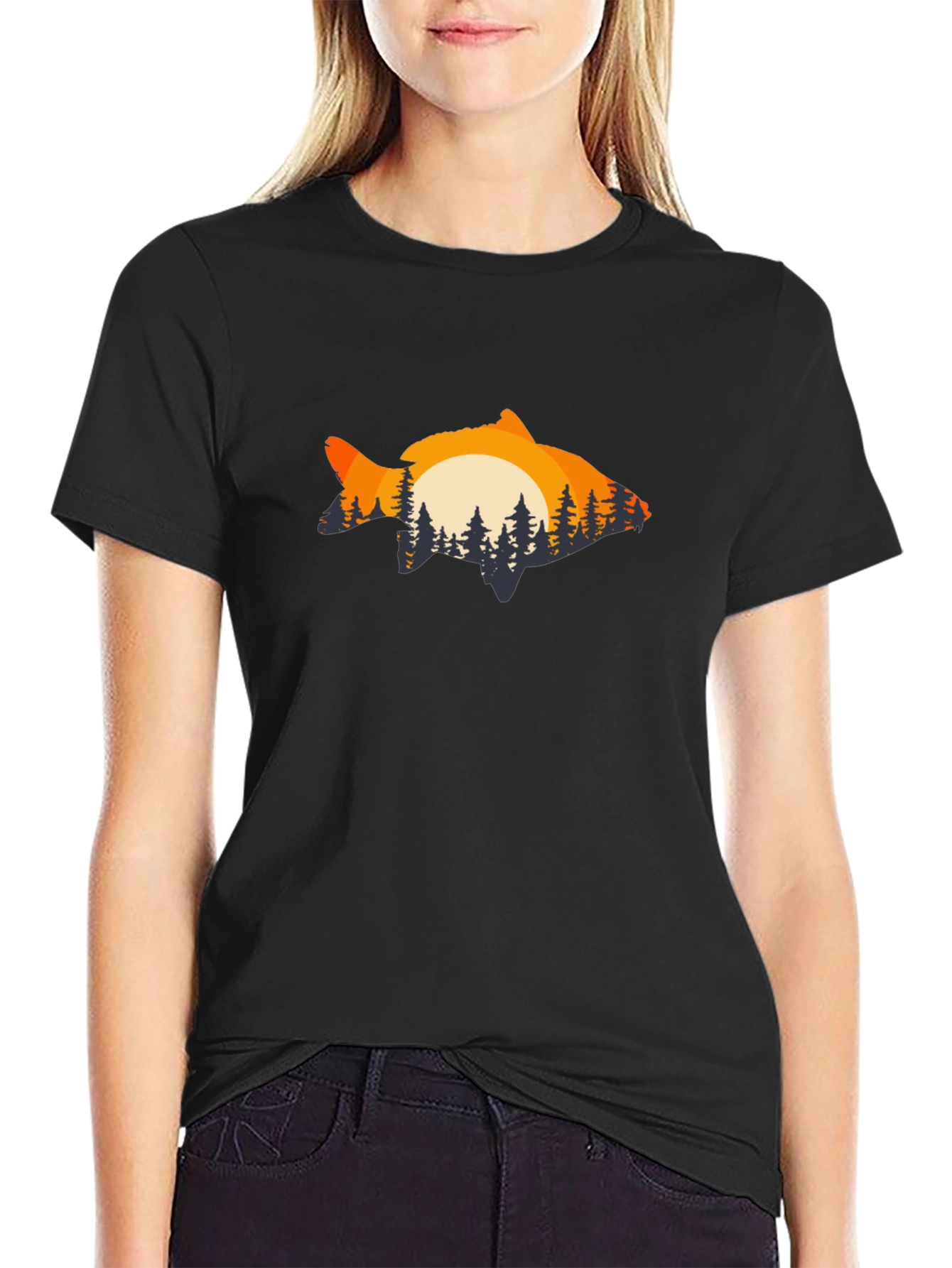 Sunset Fish Graphic Tee - Black Cotton Blend