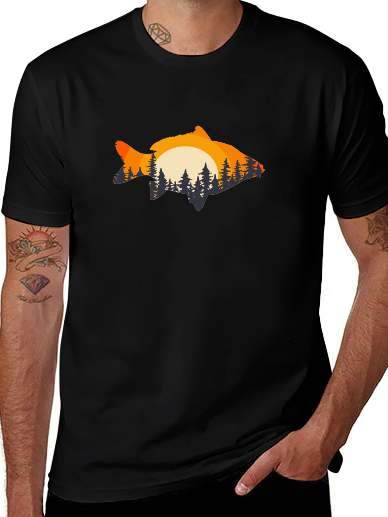 Sunset Fish Graphic Tee - Black Cotton Blend
