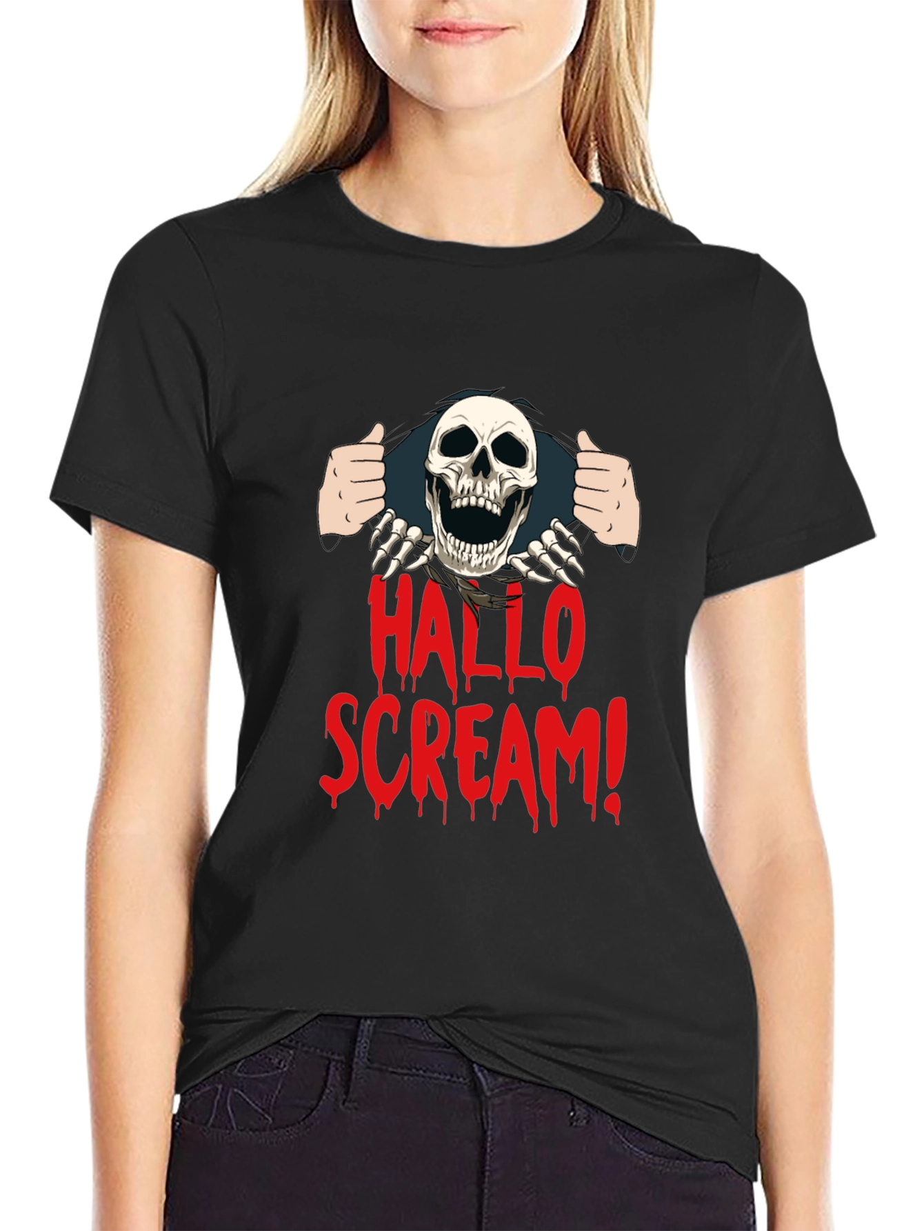 Hallo Scream T-Shirt - Halloween Skeleton Graphic Tee