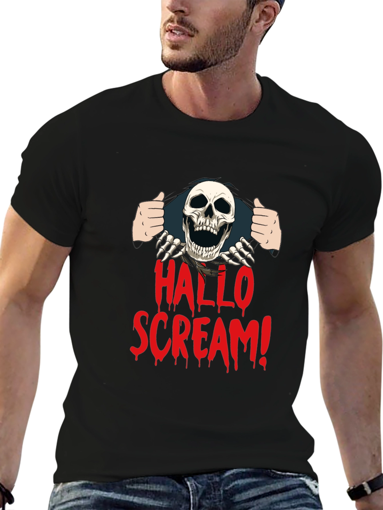 Hallo Scream T-Shirt - Halloween Skeleton Graphic Tee