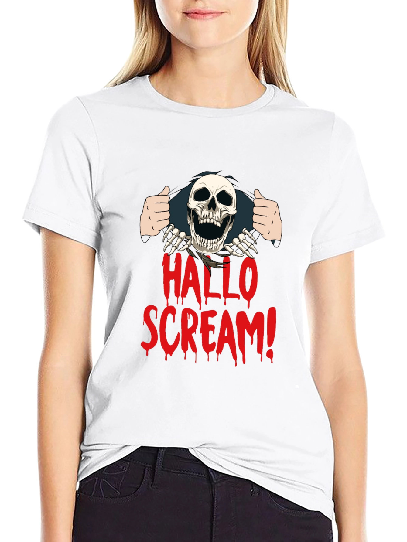 Hallo Scream T-Shirt - Halloween Skeleton Graphic Tee