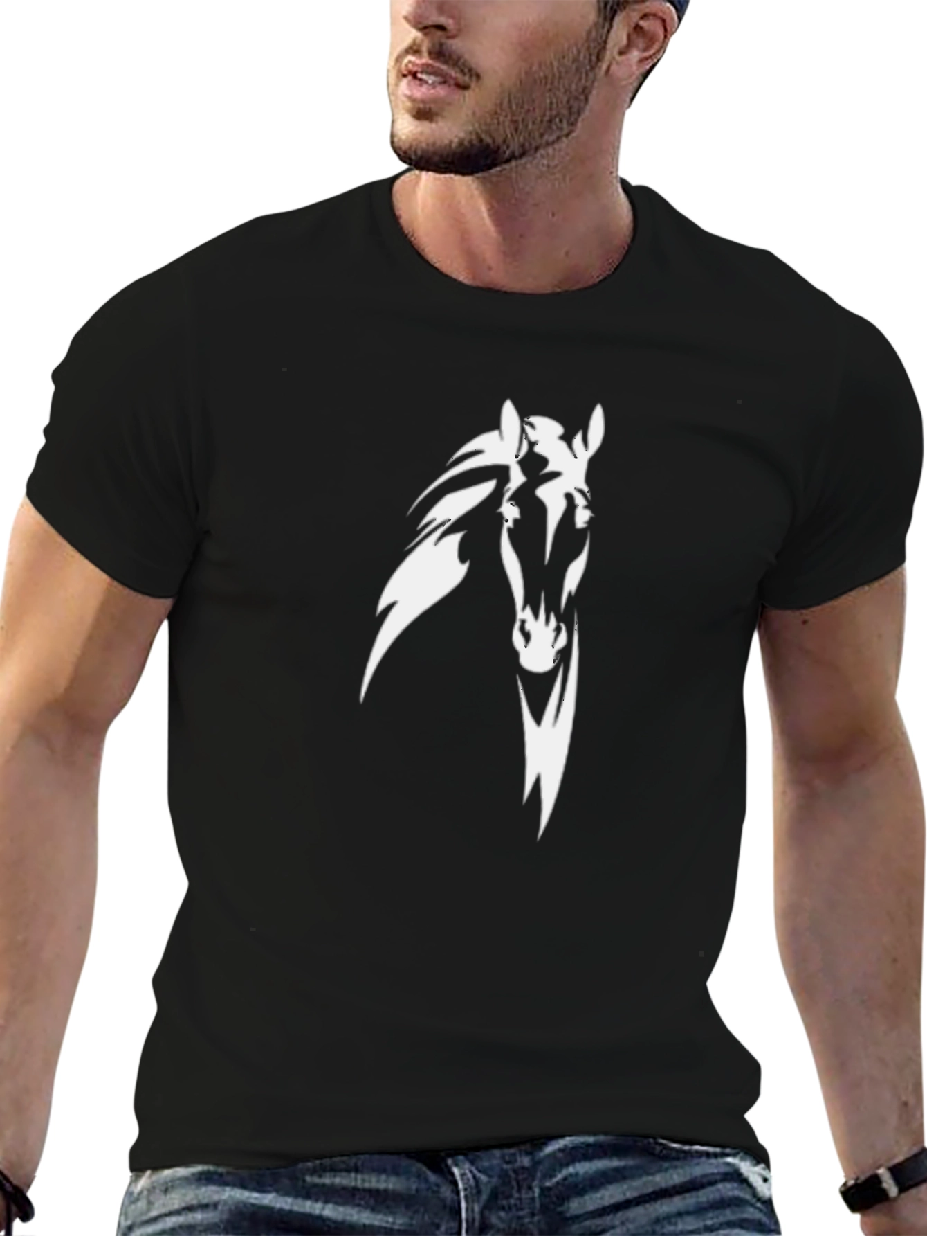 Mens Black T-Shirt with White Horse Graphic