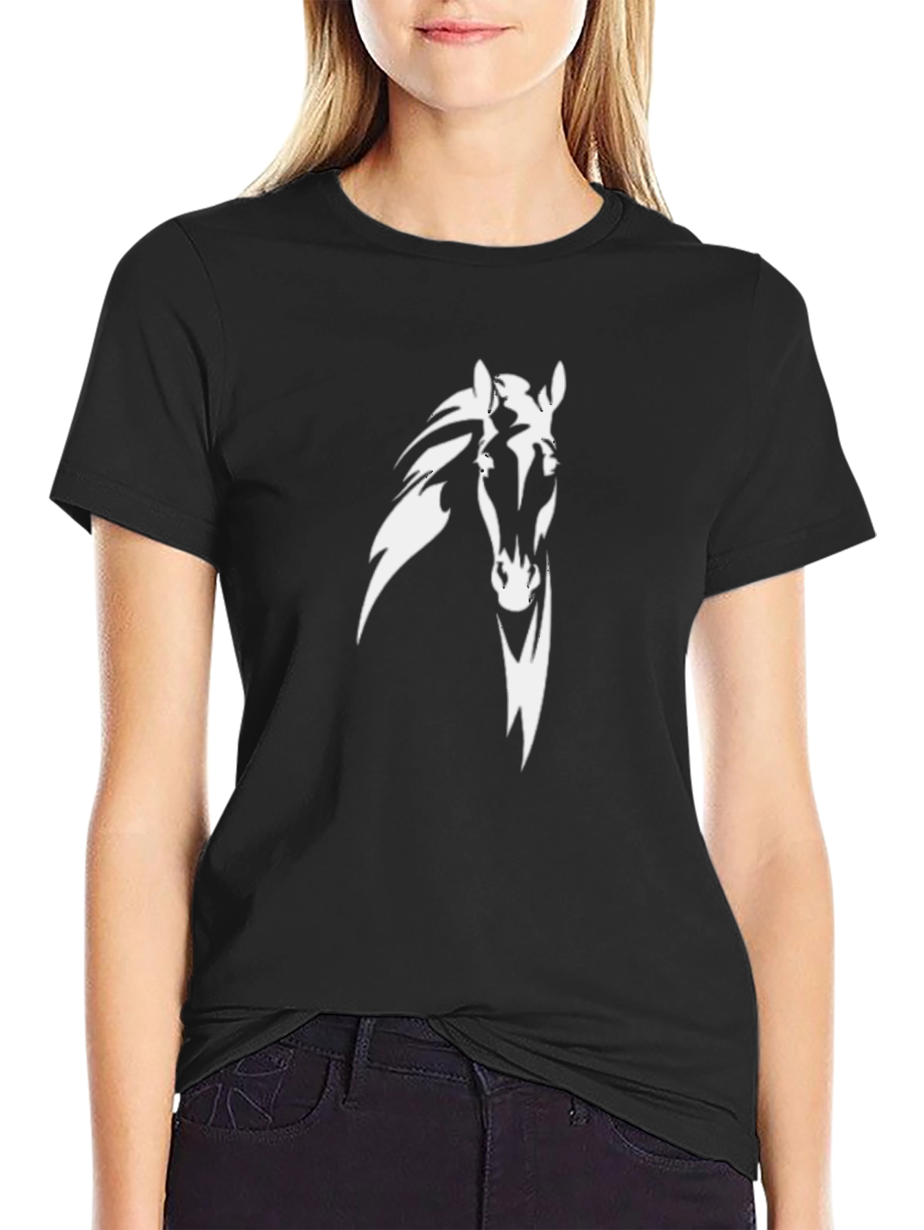 Mens Black T-Shirt with White Horse Graphic