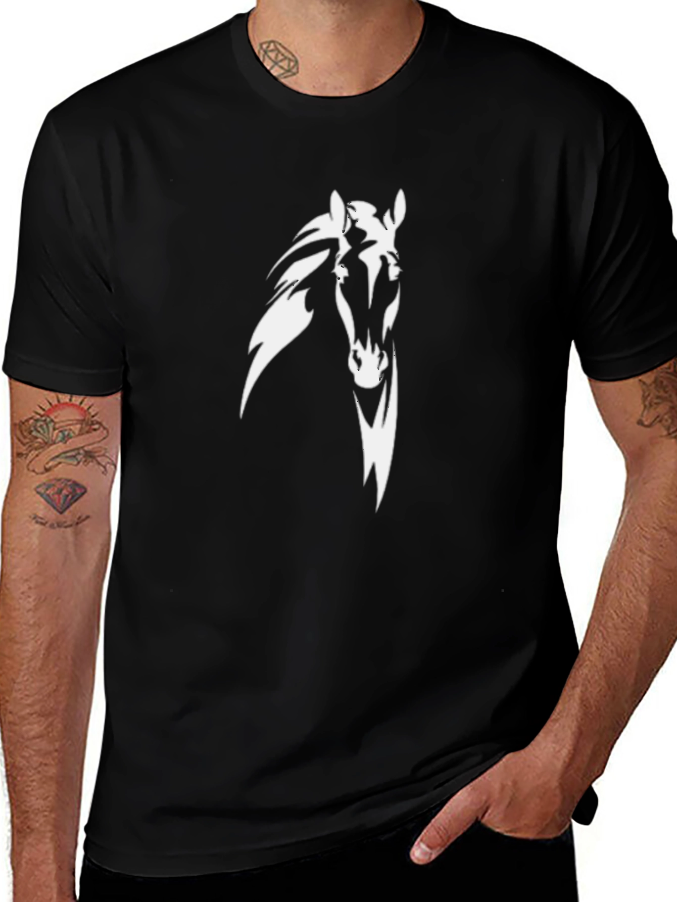Mens Black T-Shirt with White Horse Graphic
