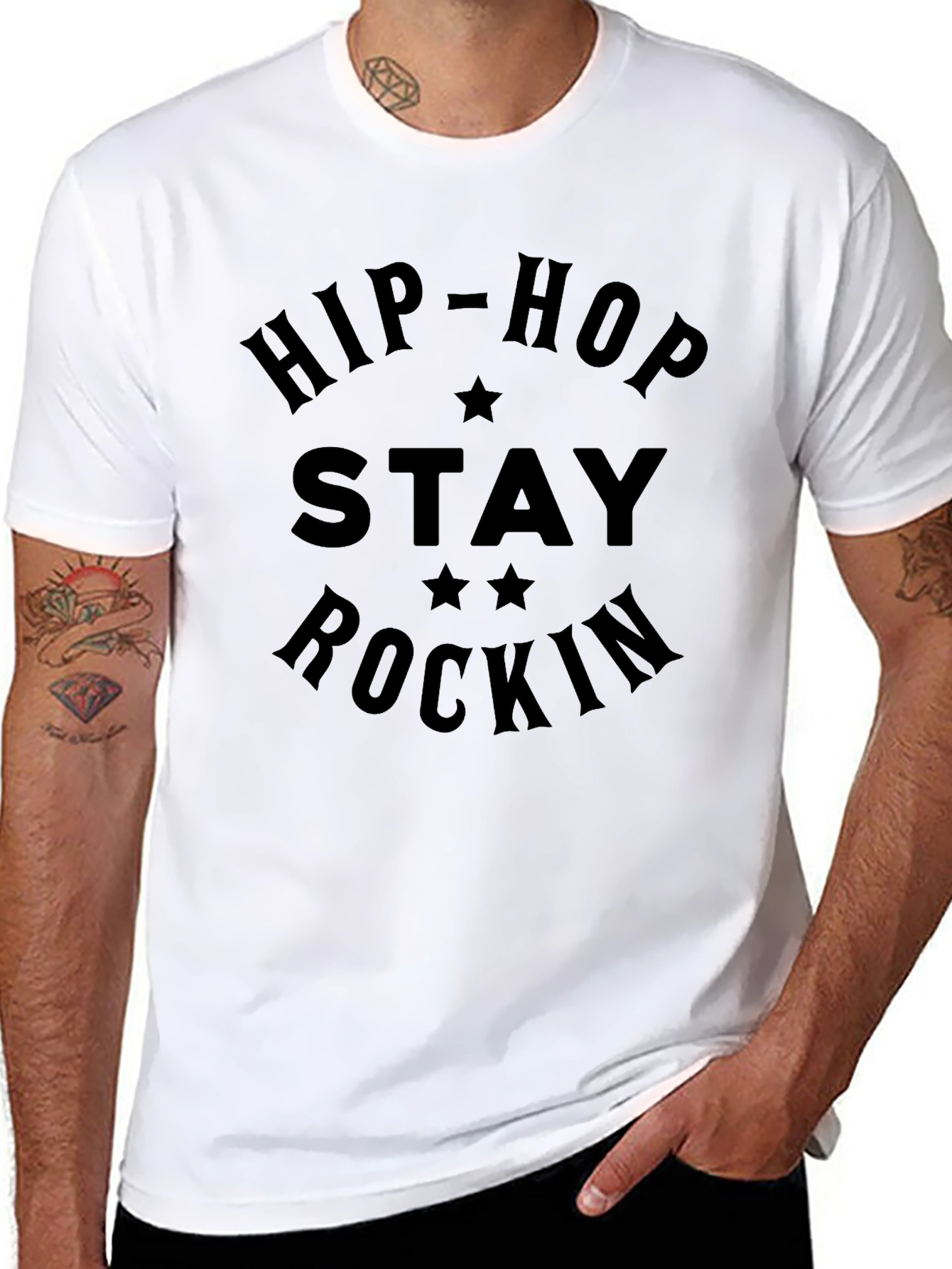 Hip-Hop Stay Rockin Graphic T-Shirt - Black