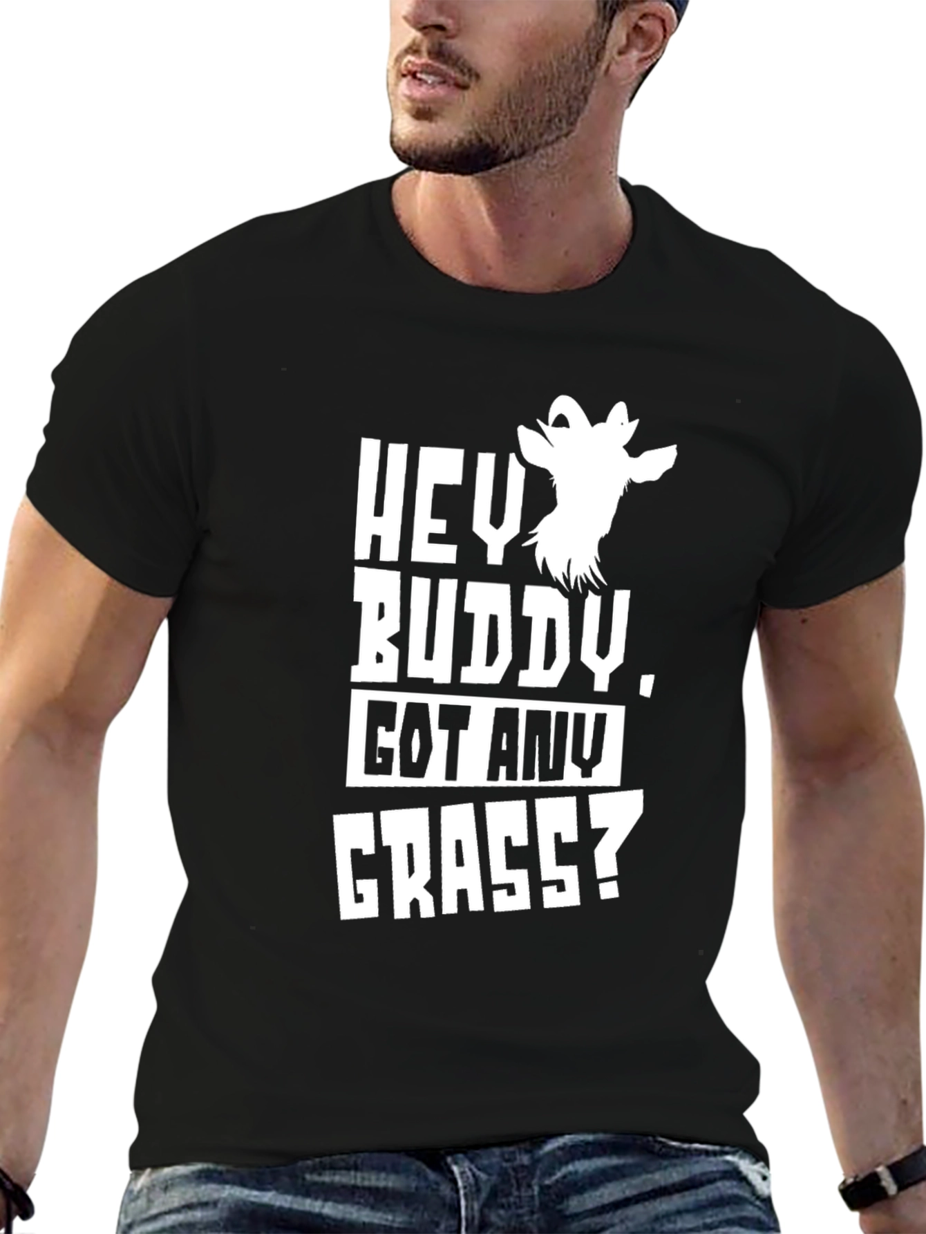 Hey Buddy Got Any Grass? Funny Goat Graphic T-Shirt