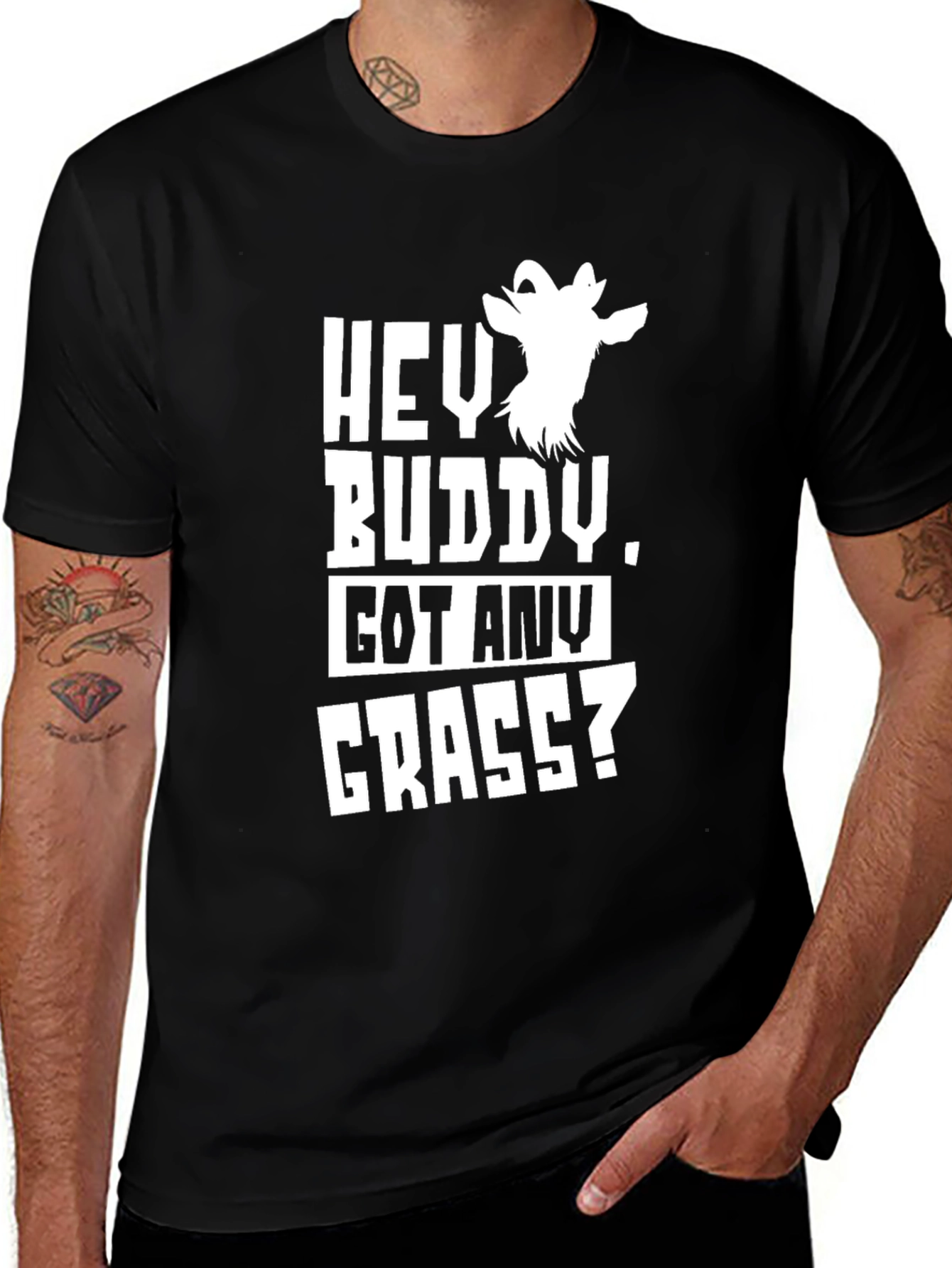 Hey Buddy Got Any Grass? Funny Goat Graphic T-Shirt