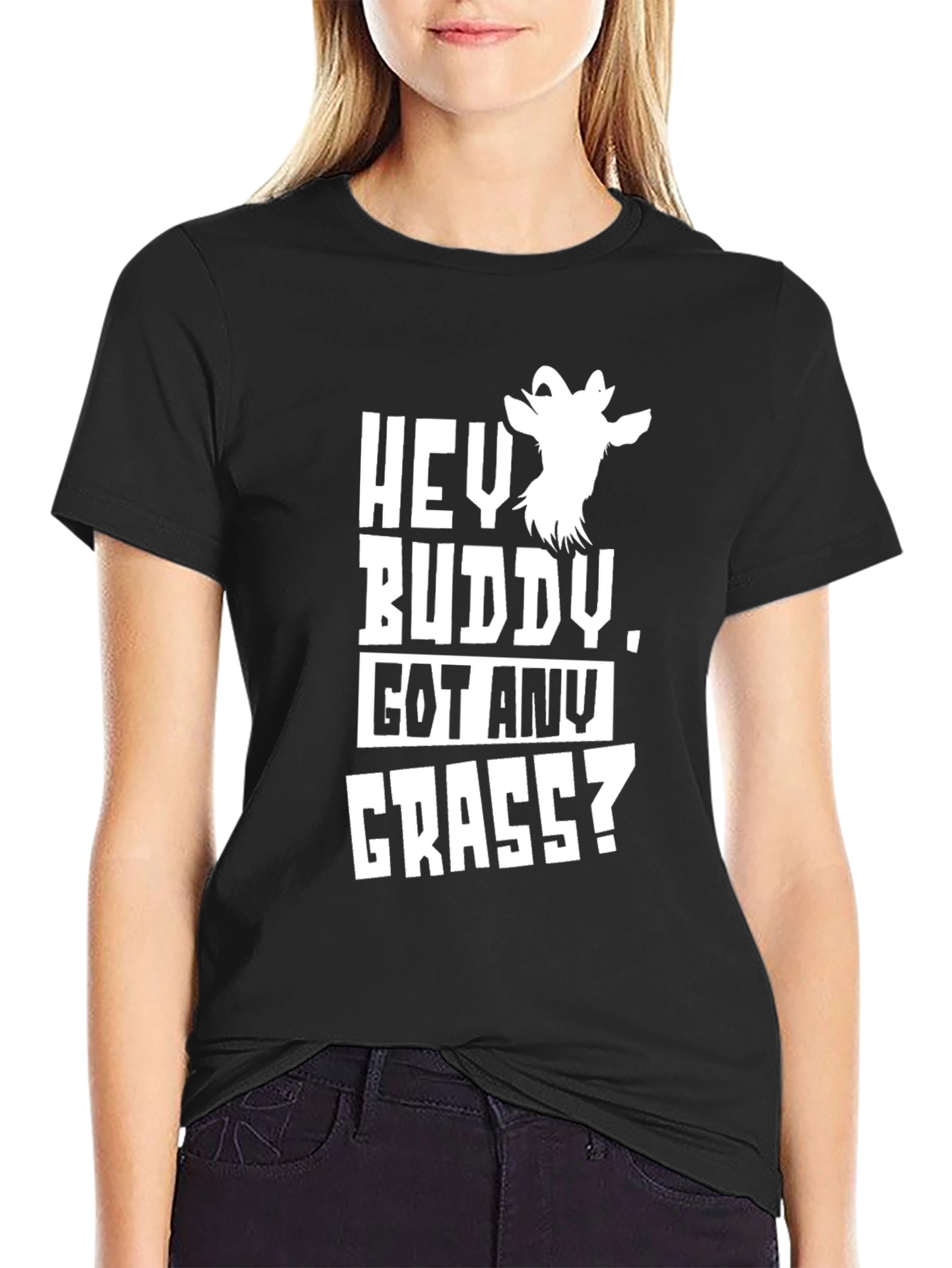 Hey Buddy Got Any Grass? Funny Goat Graphic T-Shirt