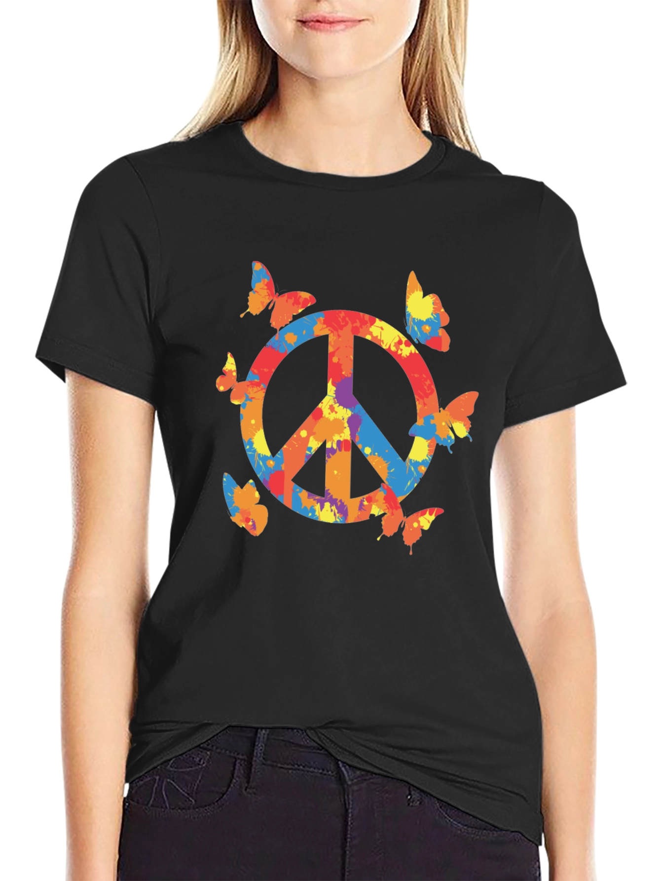 Peace Sign Butterfly Graphic Tee - Black Casual T-Shirt