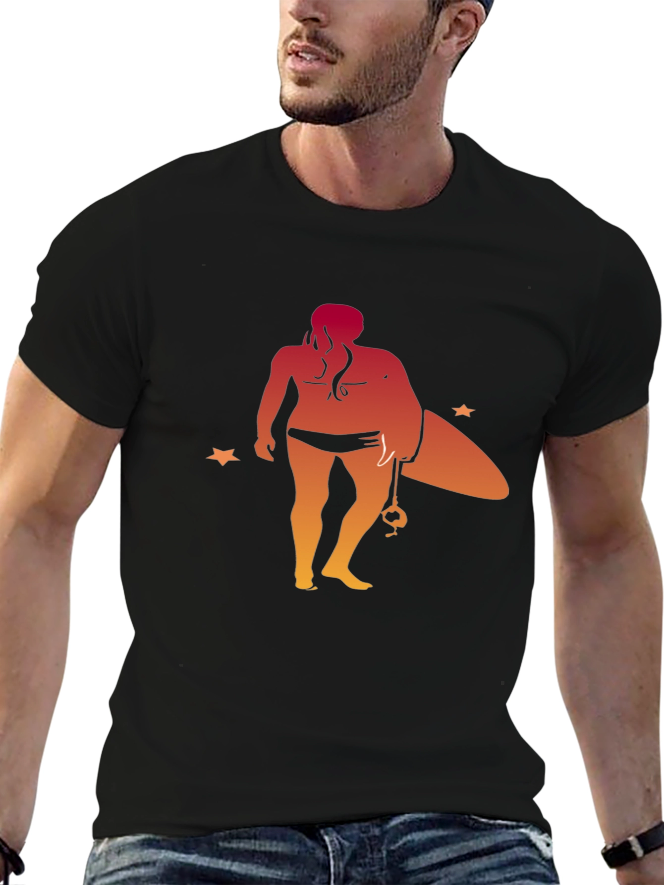 Surfer Girl Graphic Tee - Black Cotton T-Shirt