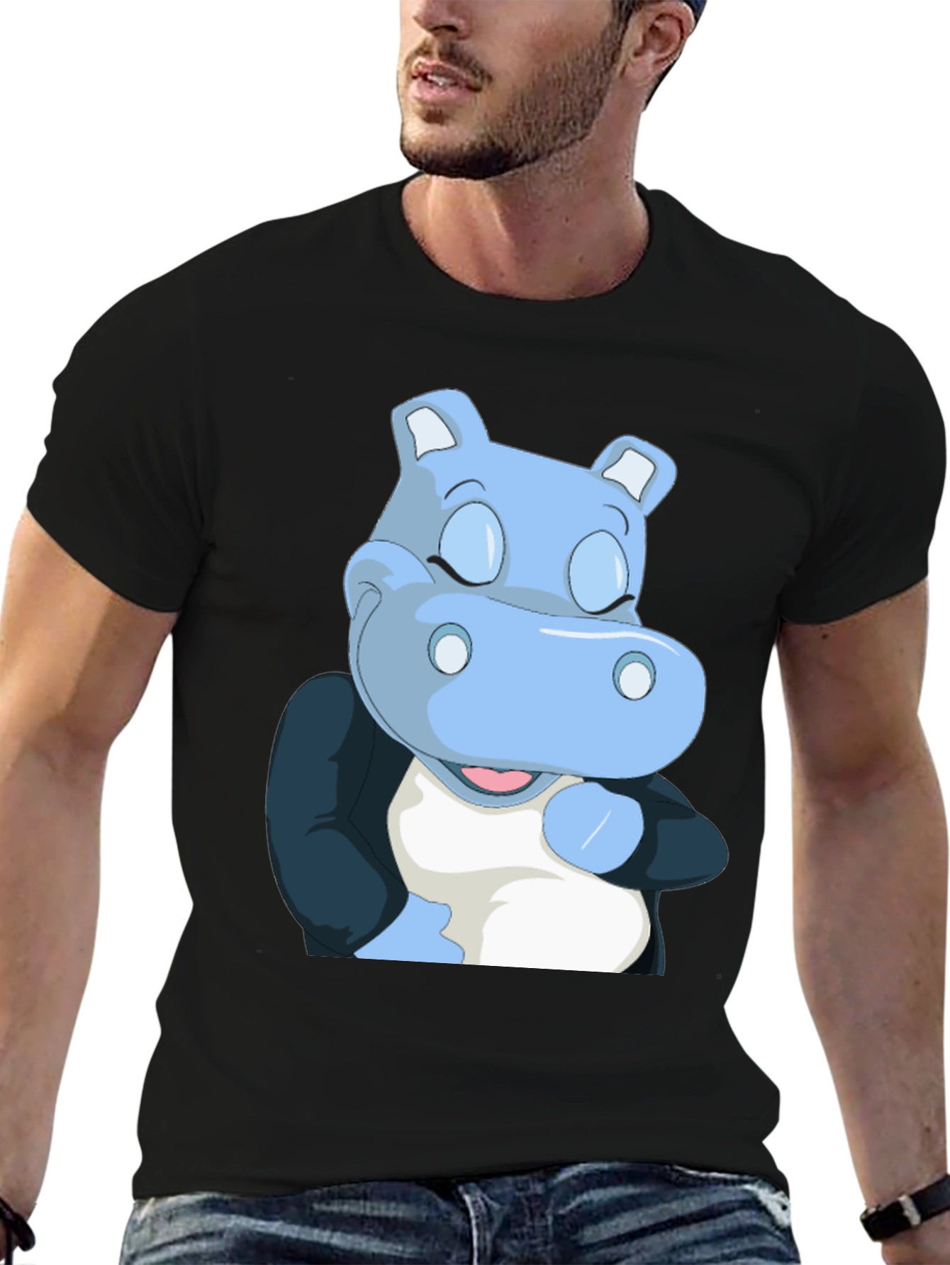 Cartoon Hippo Graphic T-Shirt - Soft Black Cotton Tee