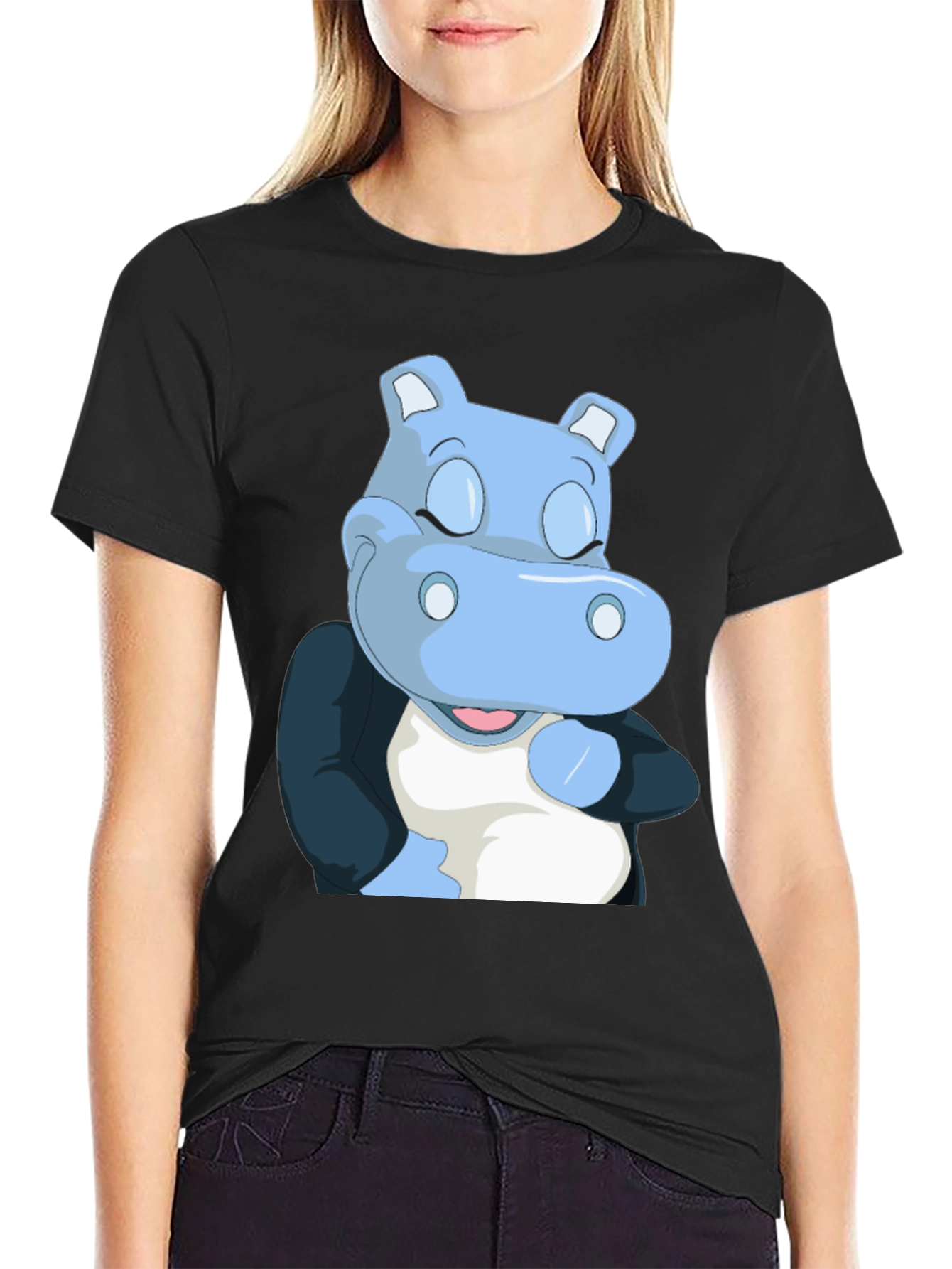 Cartoon Hippo Graphic T-Shirt - Soft Black Cotton Tee