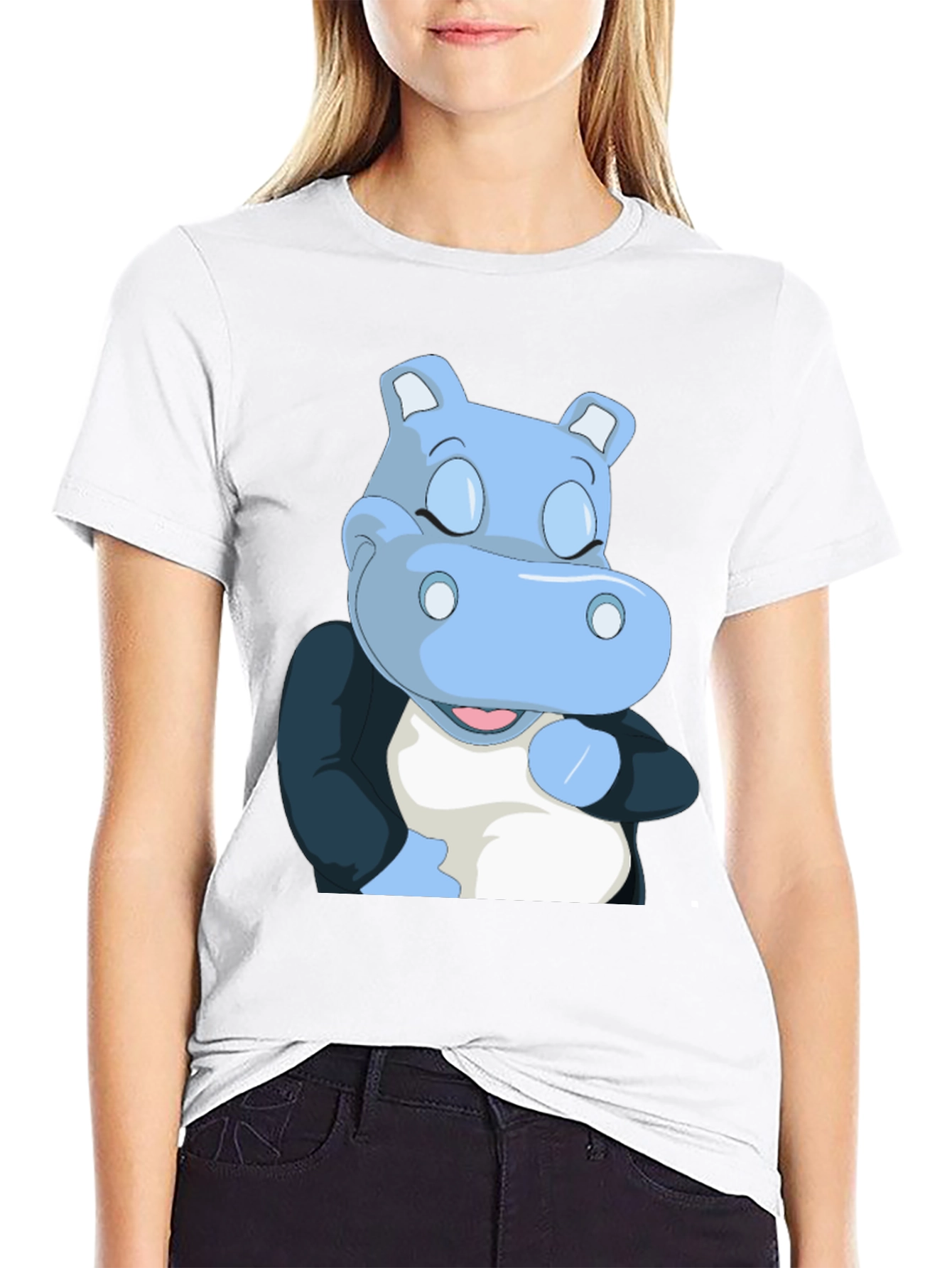 Cartoon Hippo Graphic T-Shirt - Soft Black Cotton Tee