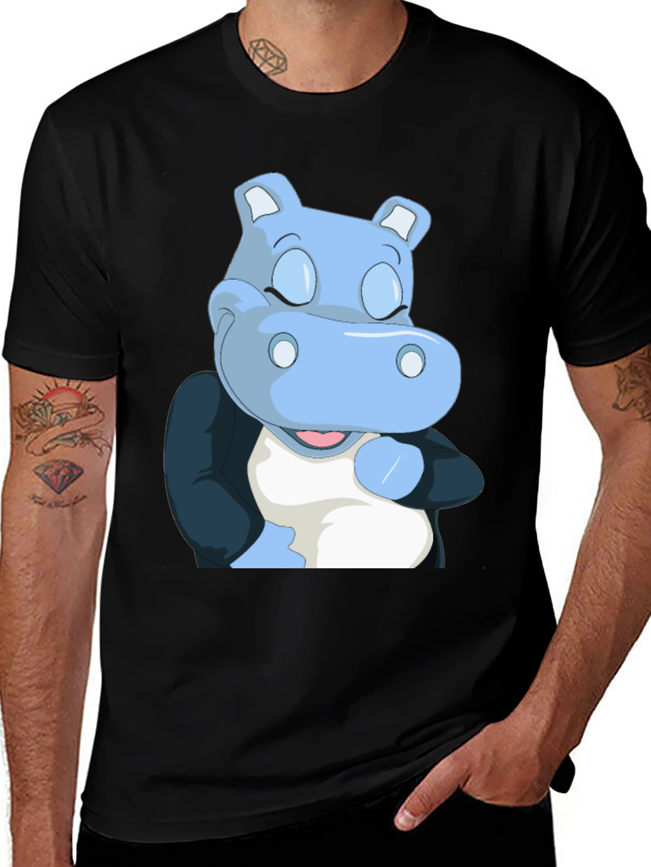 Cartoon Hippo Graphic T-Shirt - Soft Black Cotton Tee