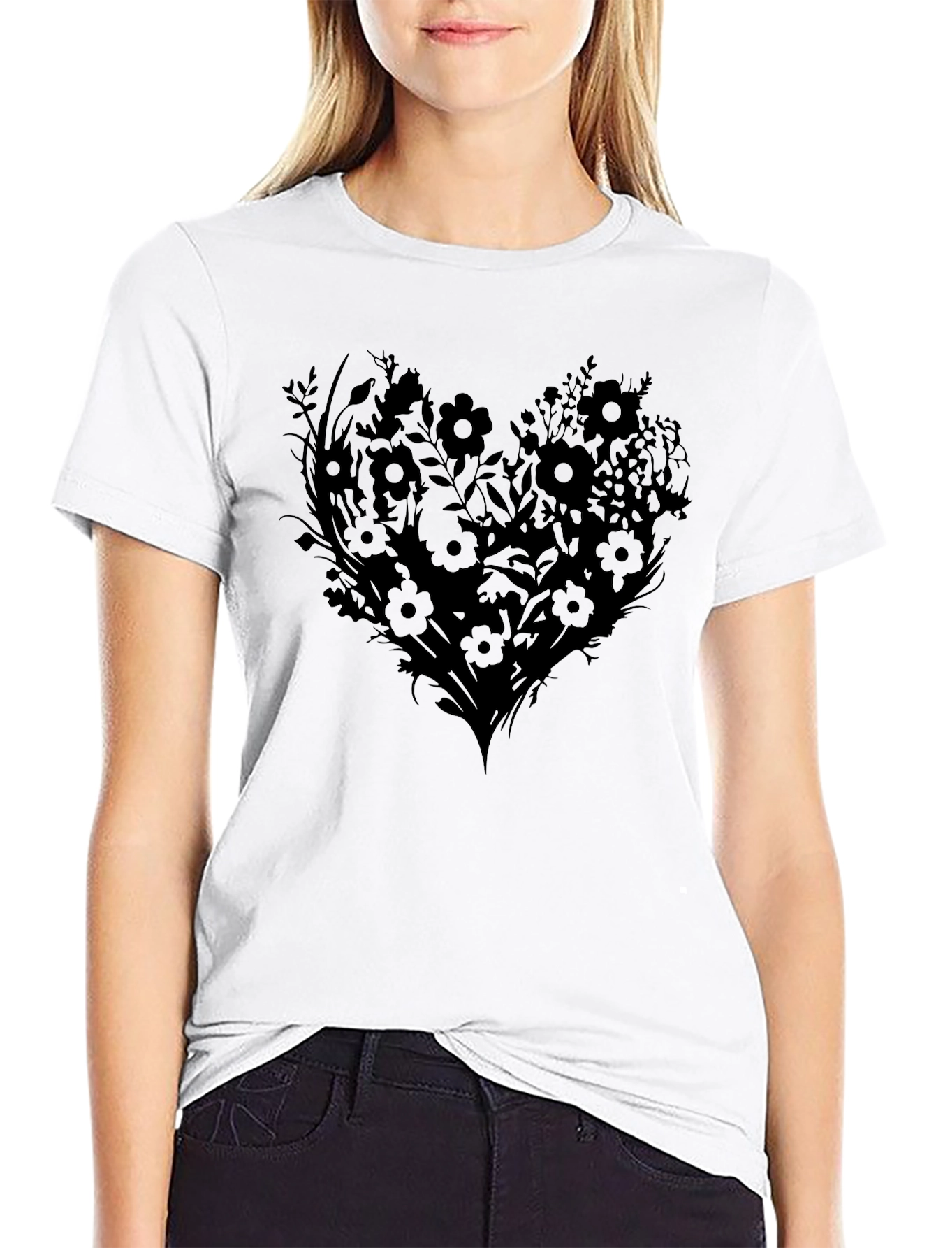Floral Heart Graphic Tee - Black