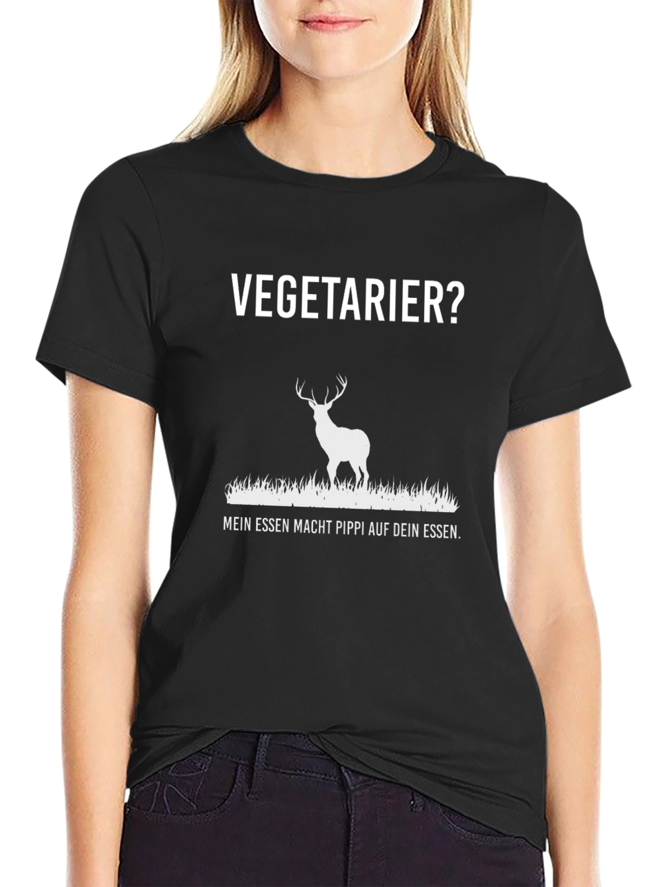 Vegetarier? Deer Graphic Tee - Black Cotton T-Shirt