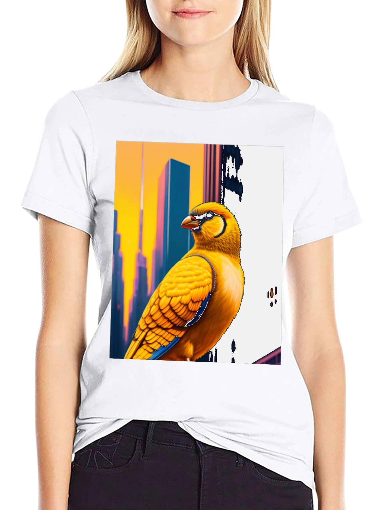 Vibrant Bird T-Shirt: Cityscape Style