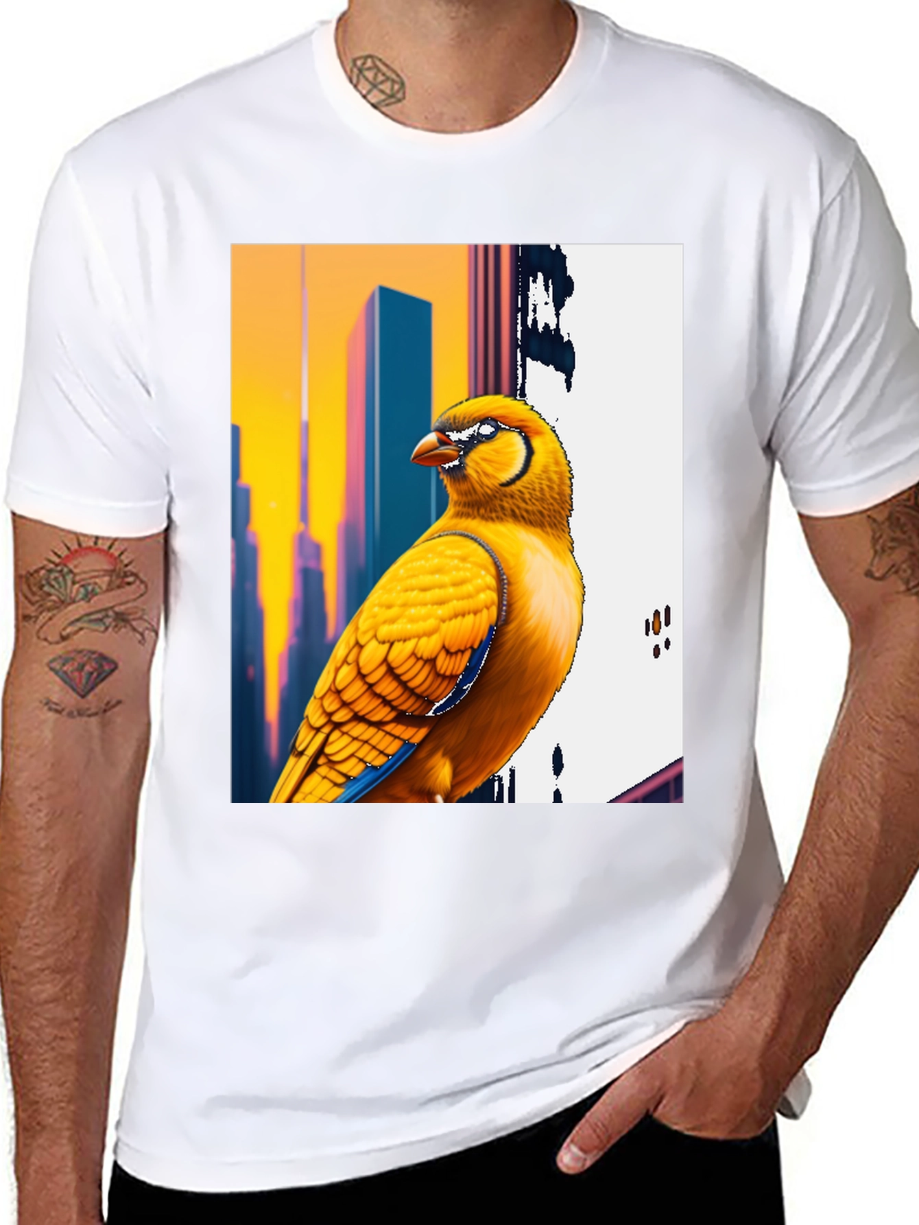 Vibrant Bird T-Shirt: Cityscape Style