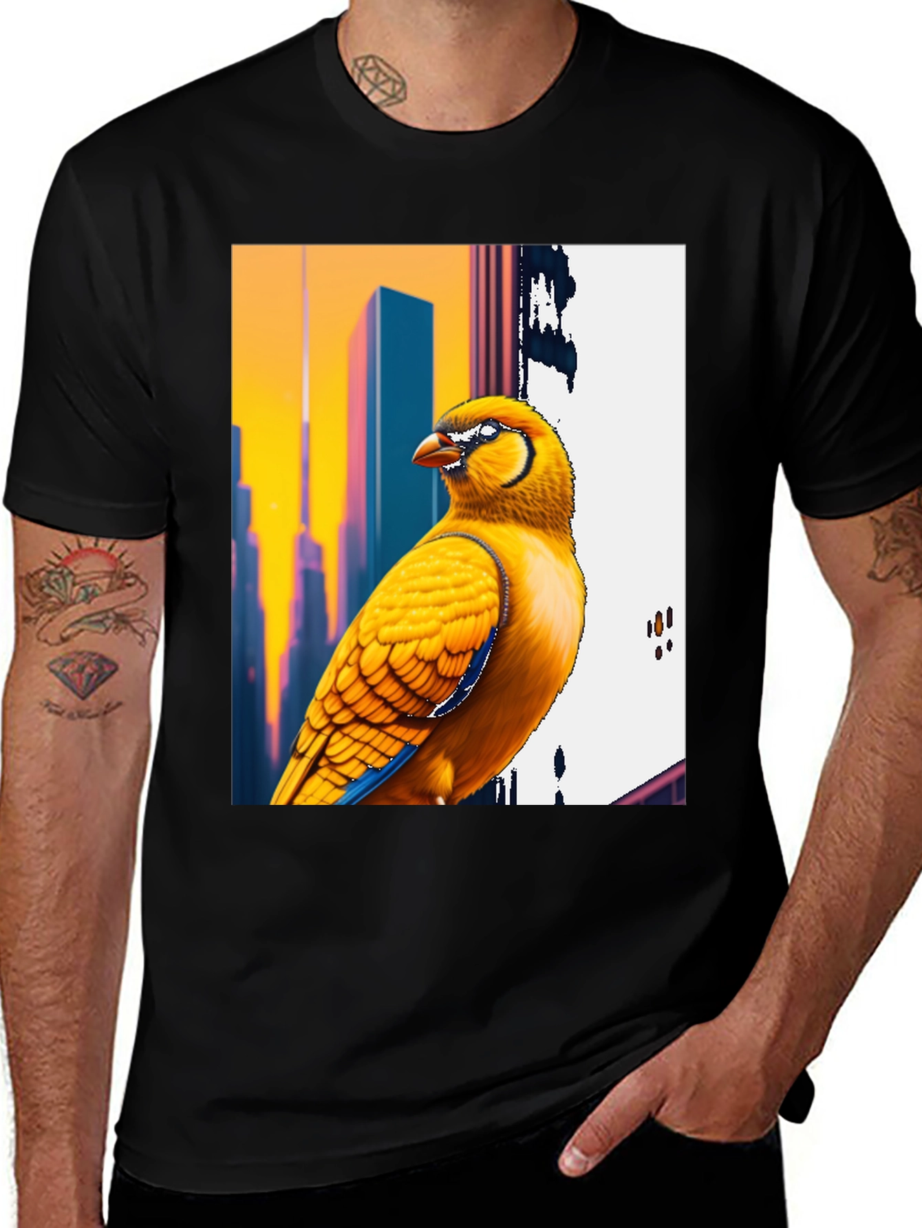 Vibrant Bird T-Shirt: Cityscape Style