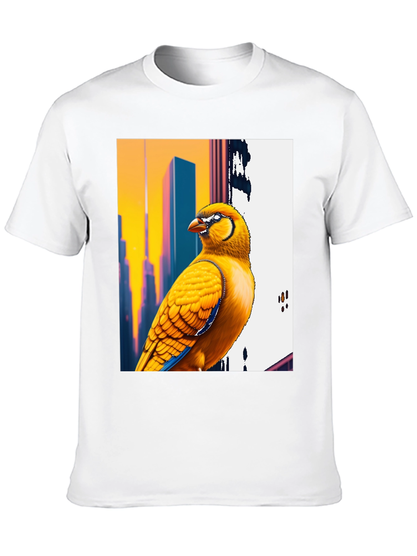 Vibrant Bird T-Shirt: Cityscape Style