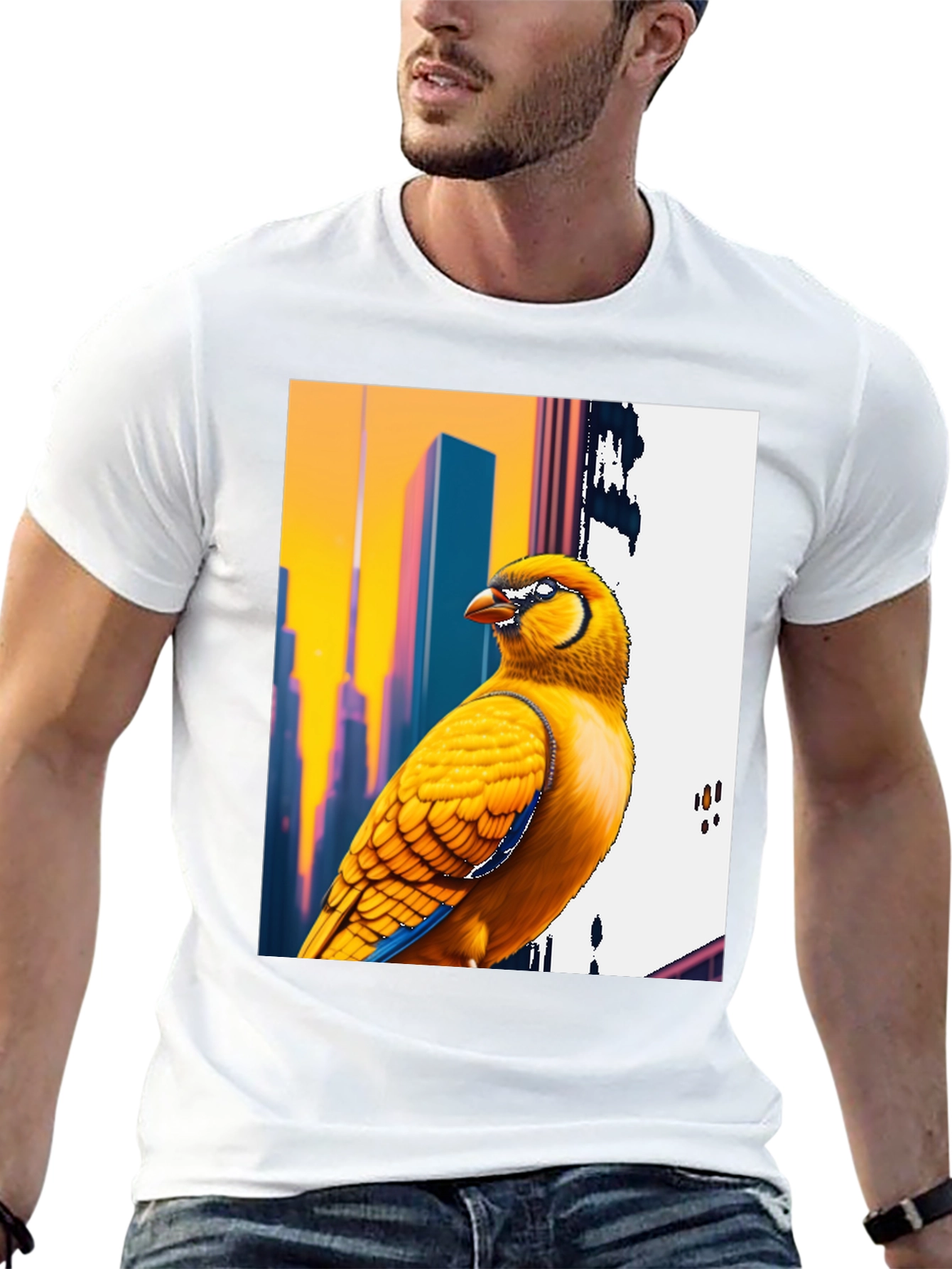 Vibrant Bird T-Shirt: Cityscape Style
