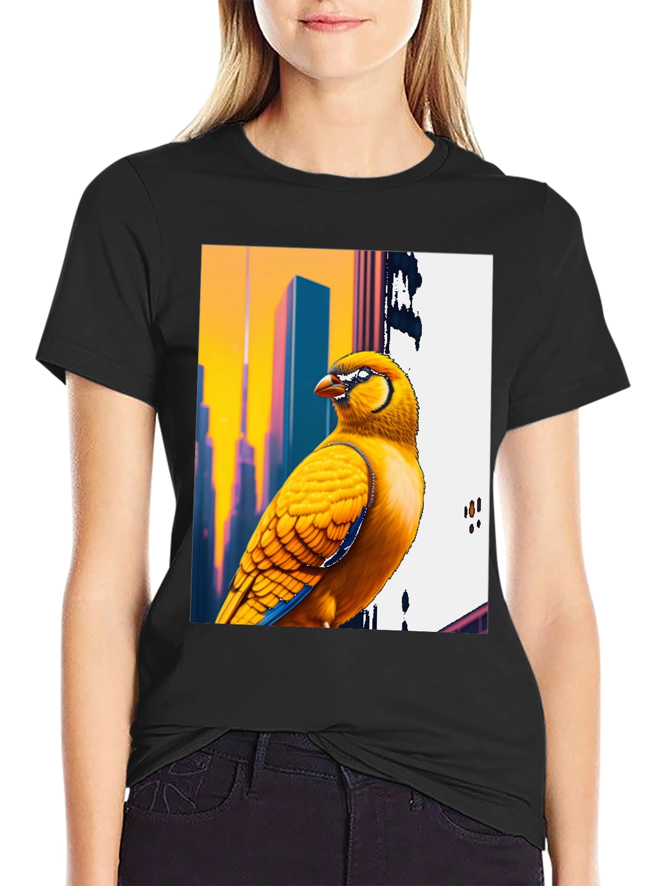 Vibrant Bird T-Shirt: Cityscape Style