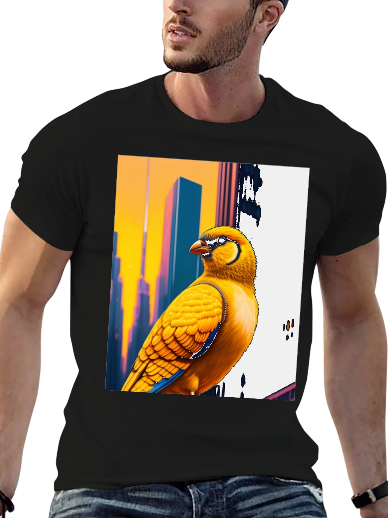 Vibrant Bird T-Shirt: Cityscape Style