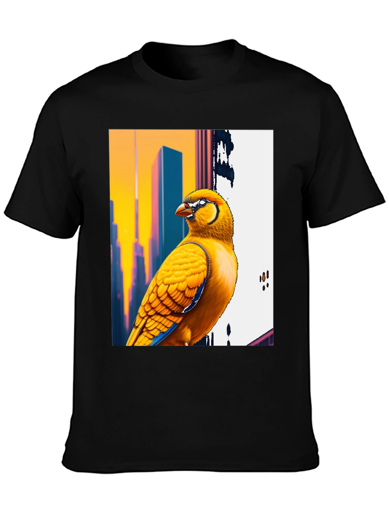 Vibrant Bird T-Shirt: Cityscape Style