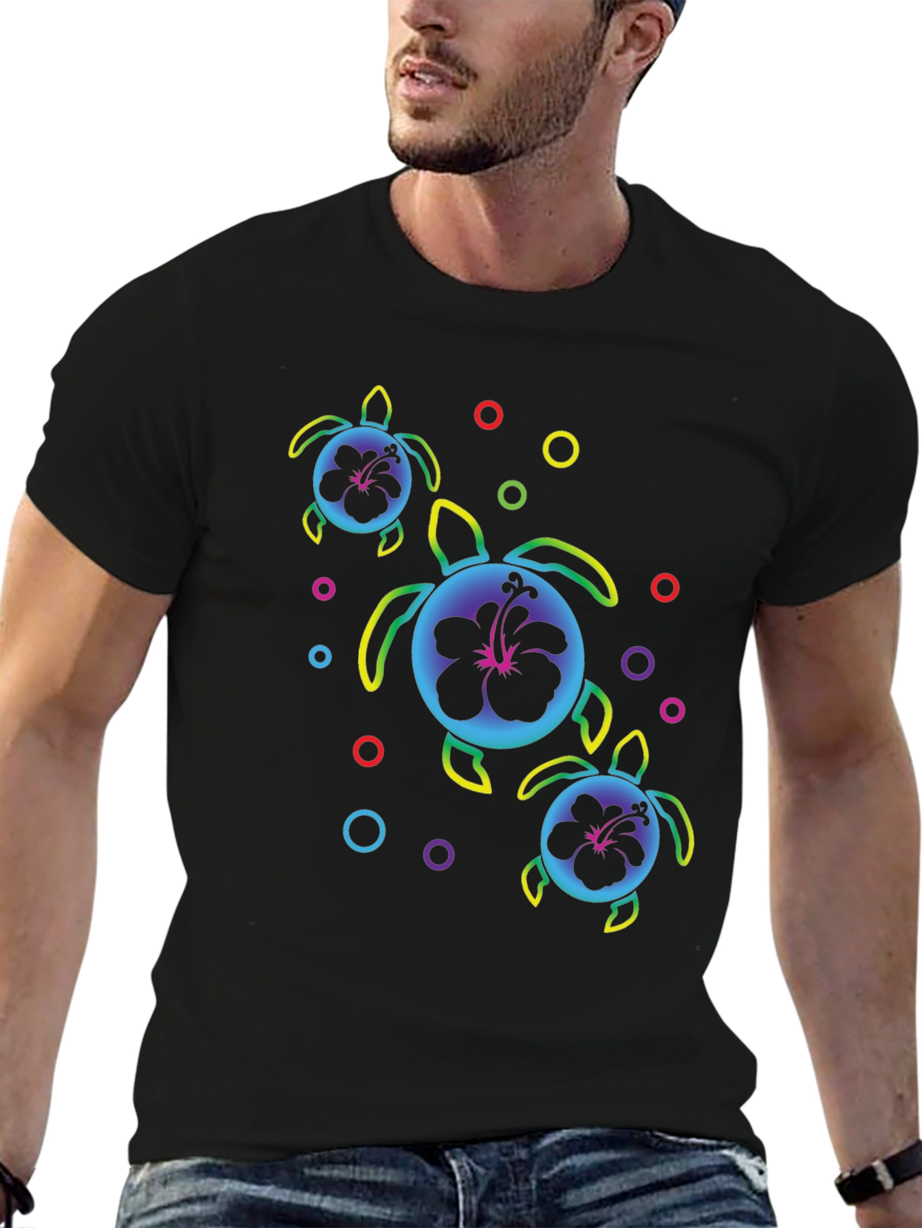 Neon Turtle Hibiscus Black T-Shirt