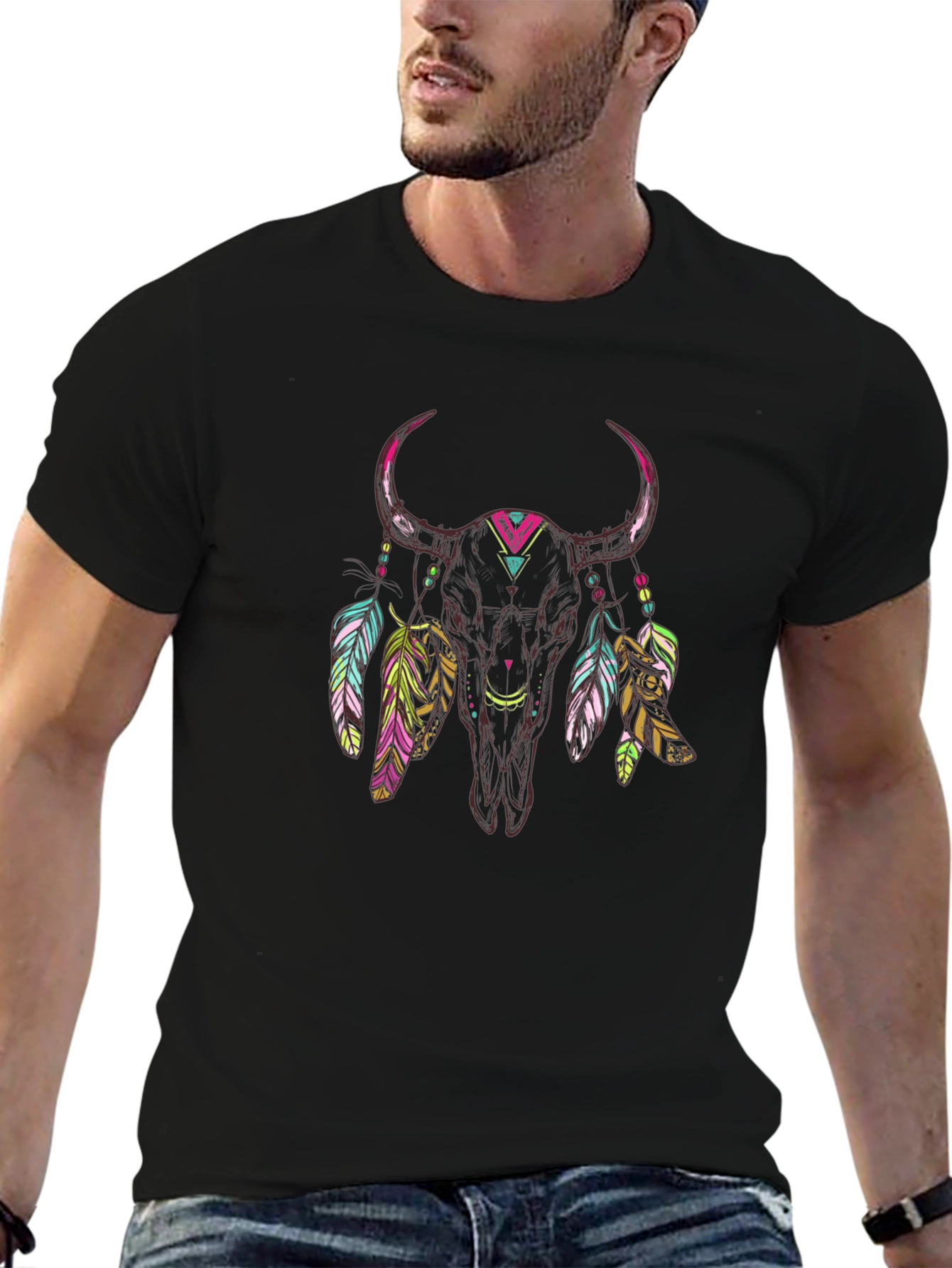 Bull Skull Feather Graphic Tee - Black