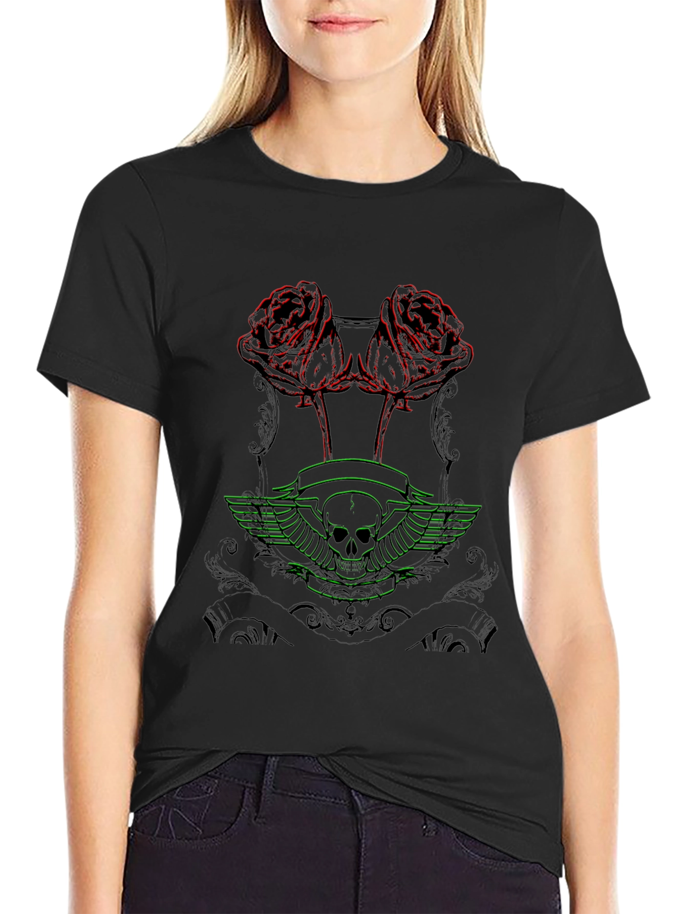 Skull & Roses Graphic Print Black T-Shirt