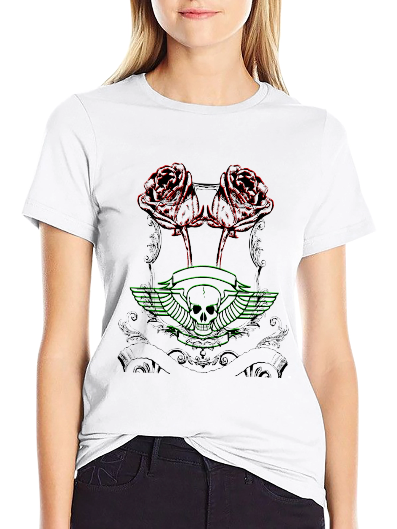 Skull & Roses Graphic Print Black T-Shirt