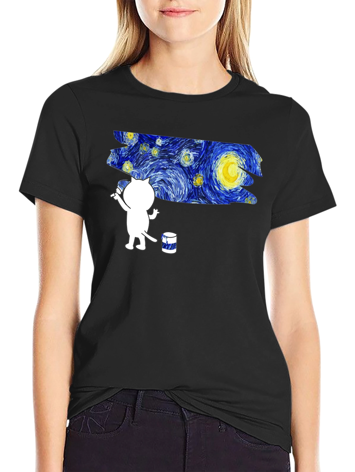 Starry Night Cat T-Shirt - Artistic Design