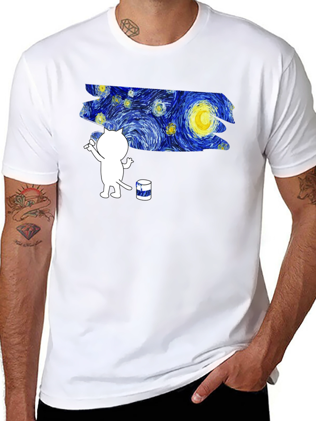 Starry Night Cat T-Shirt - Artistic Design