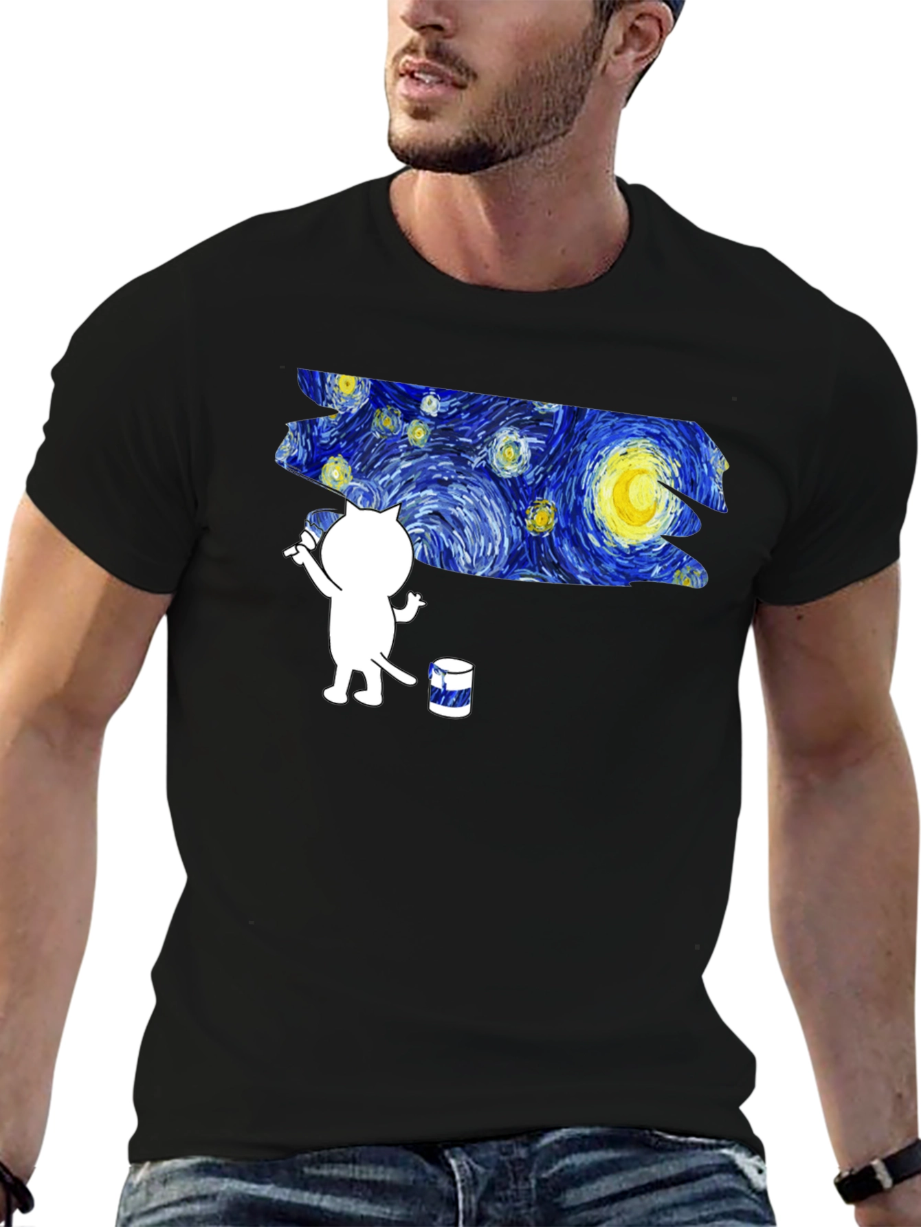 Starry Night Cat T-Shirt - Artistic Design