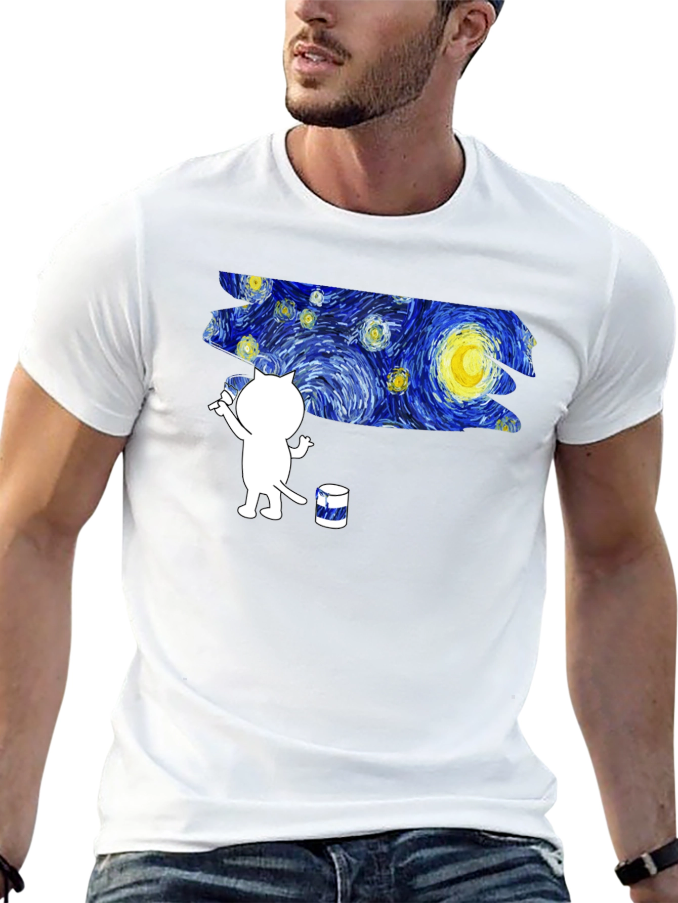 Starry Night Cat T-Shirt - Artistic Design