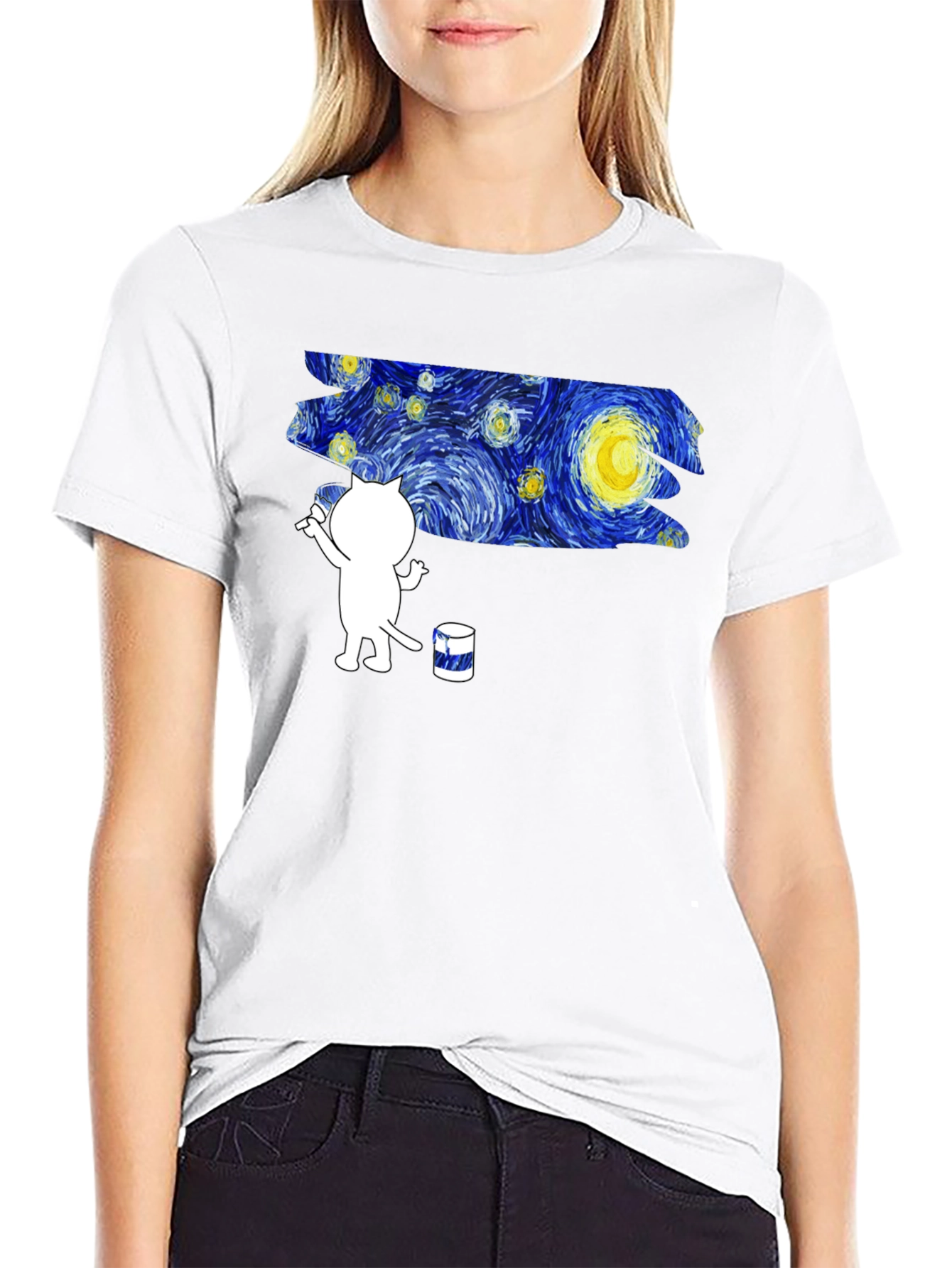 Starry Night Cat T-Shirt - Artistic Design