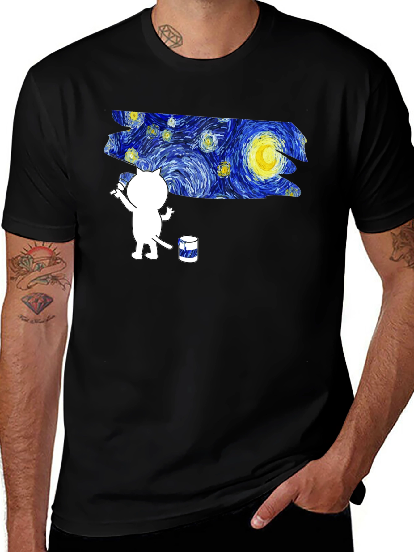 Starry Night Cat T-Shirt - Artistic Design