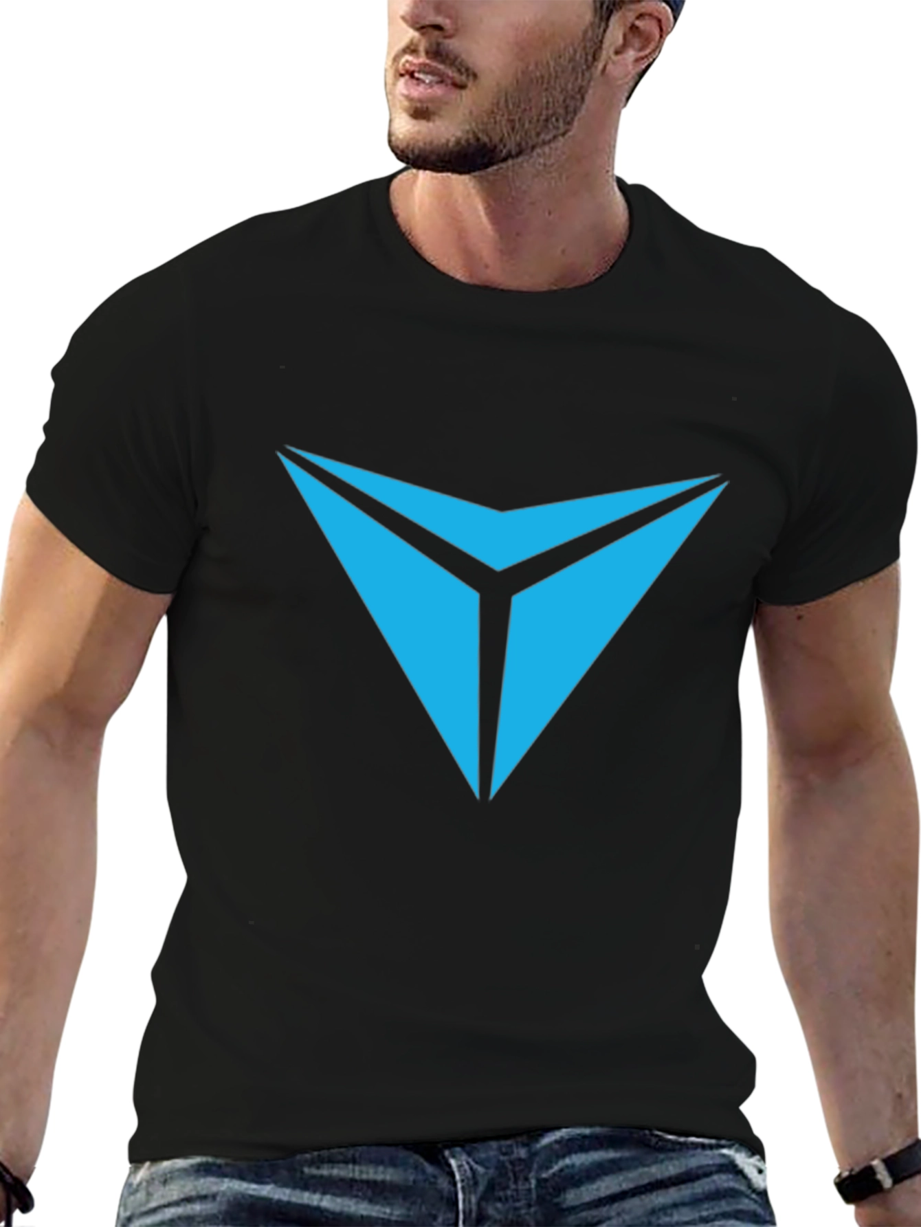 Black Tee with Geometric Blue Chevron Logo