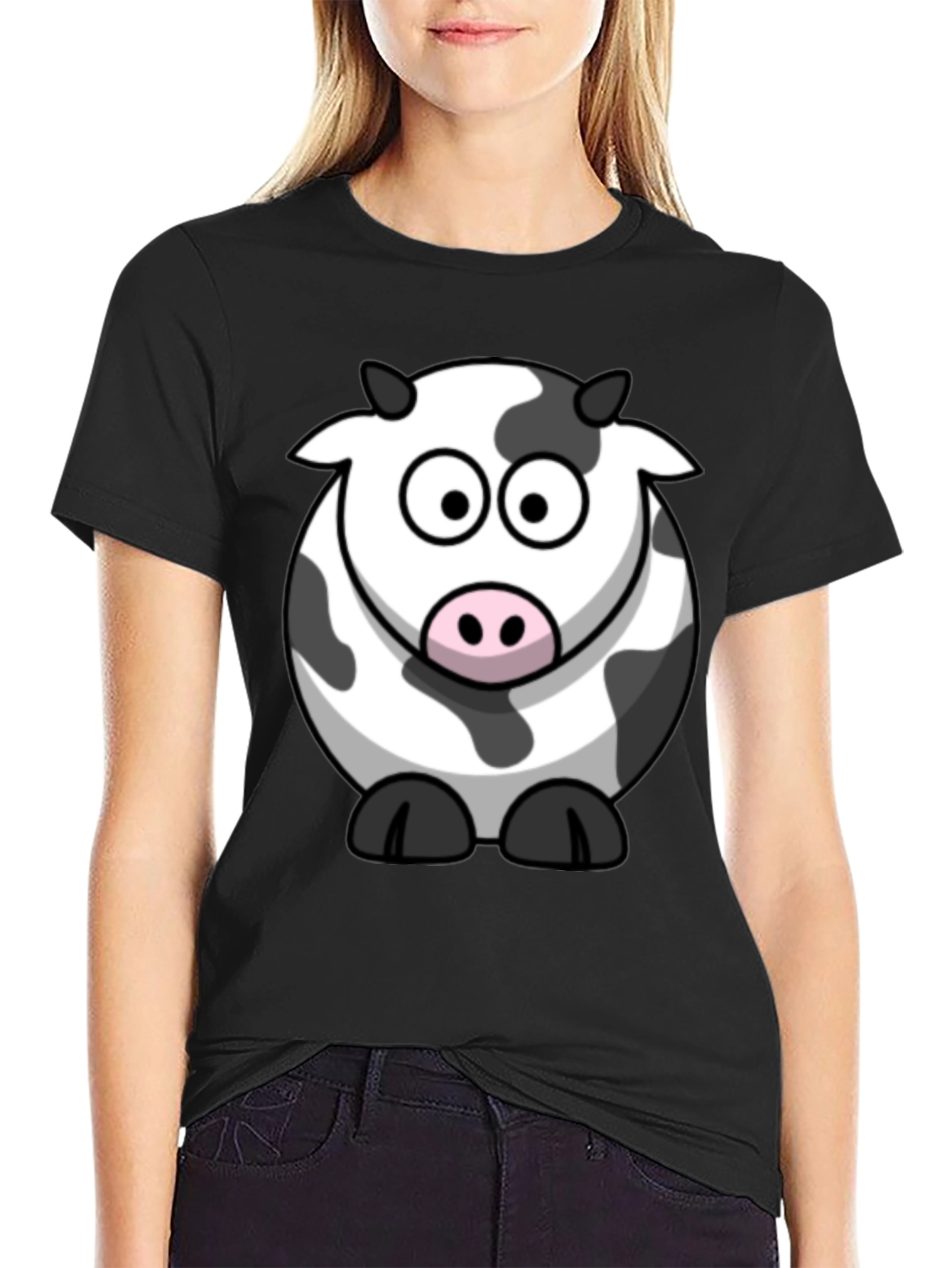 Cute Cow Graphic Tee - Black Cotton T-Shirt
