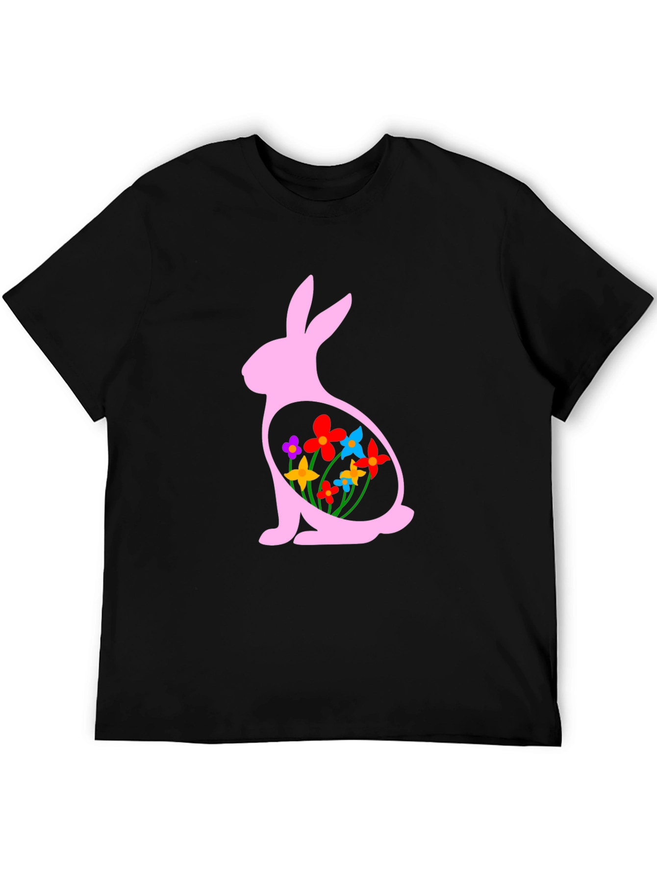 Easter Bunny Flowers Black T-Shirt