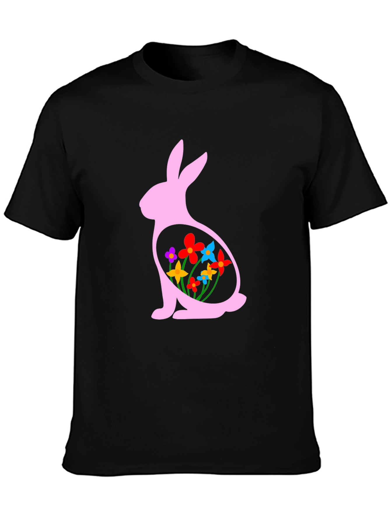 Easter Bunny Flowers Black T-Shirt