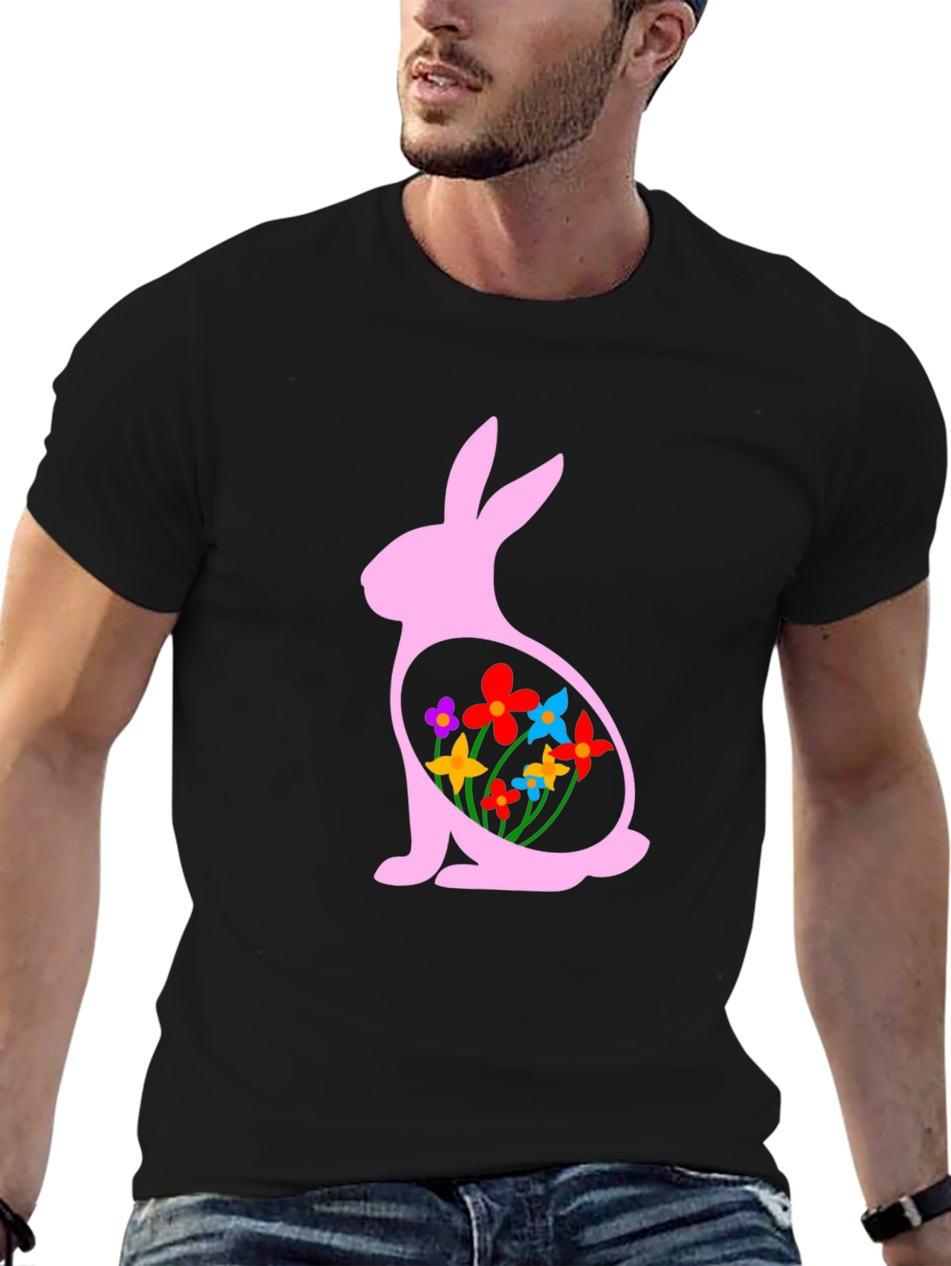 Easter Bunny Flowers Black T-Shirt