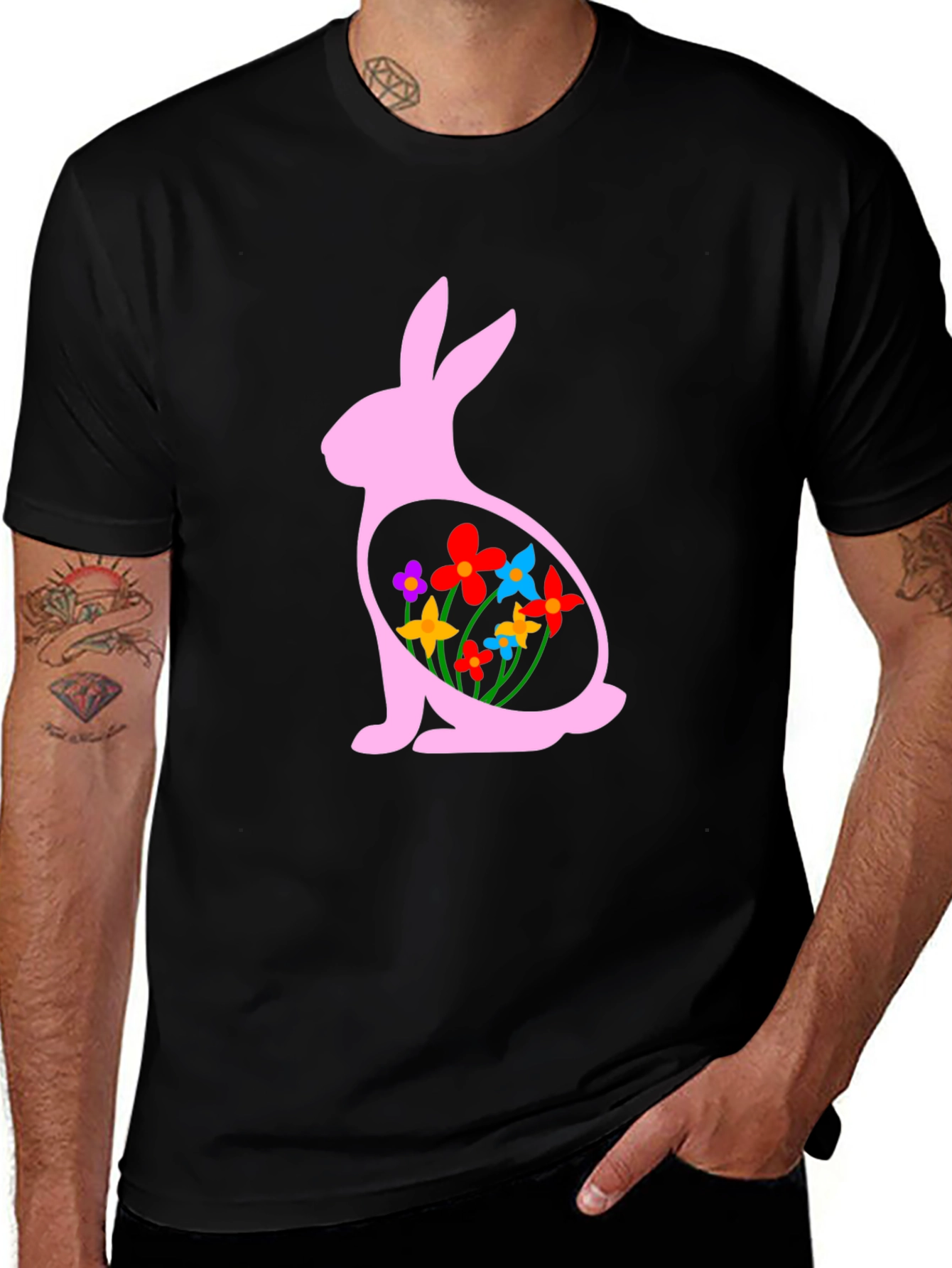 Easter Bunny Flowers Black T-Shirt