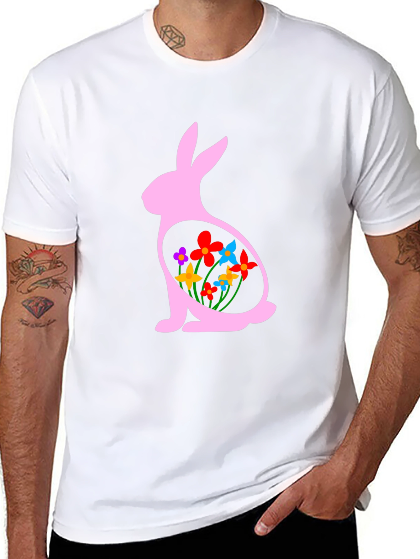 Easter Bunny Flowers Black T-Shirt
