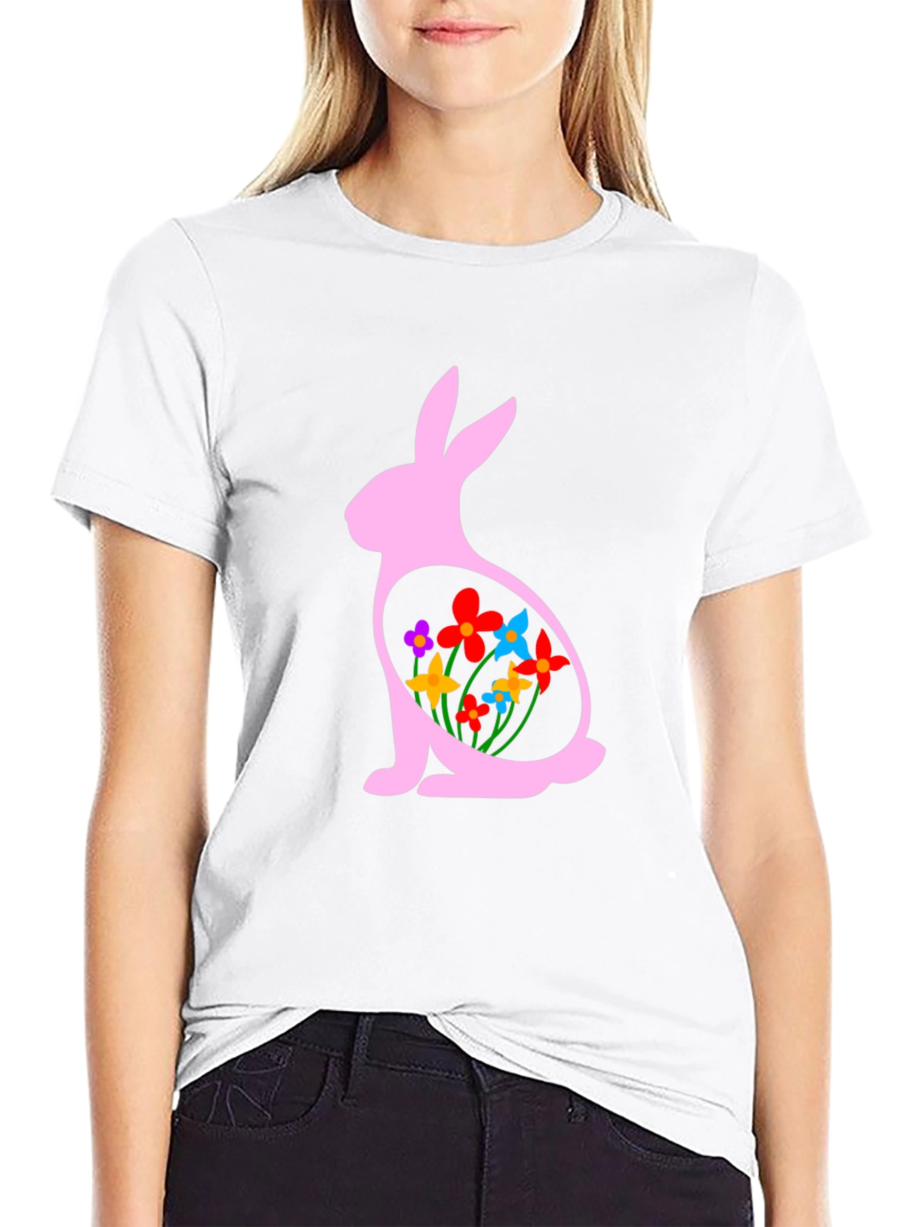 Easter Bunny Flowers Black T-Shirt