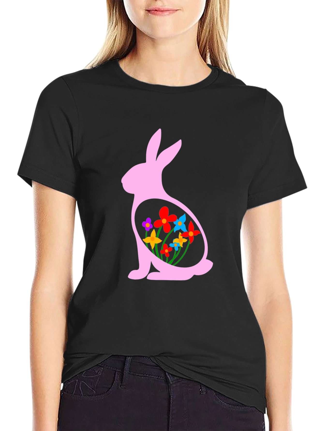 Easter Bunny Flowers Black T-Shirt