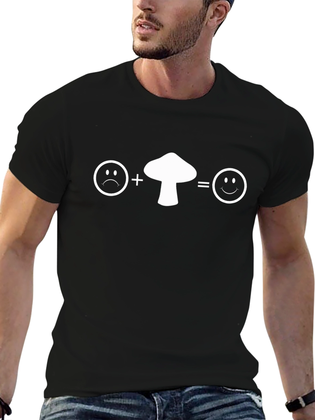 Funny Mushroom T-Shirt: Sad Face Plus Mushroom Equals Happy